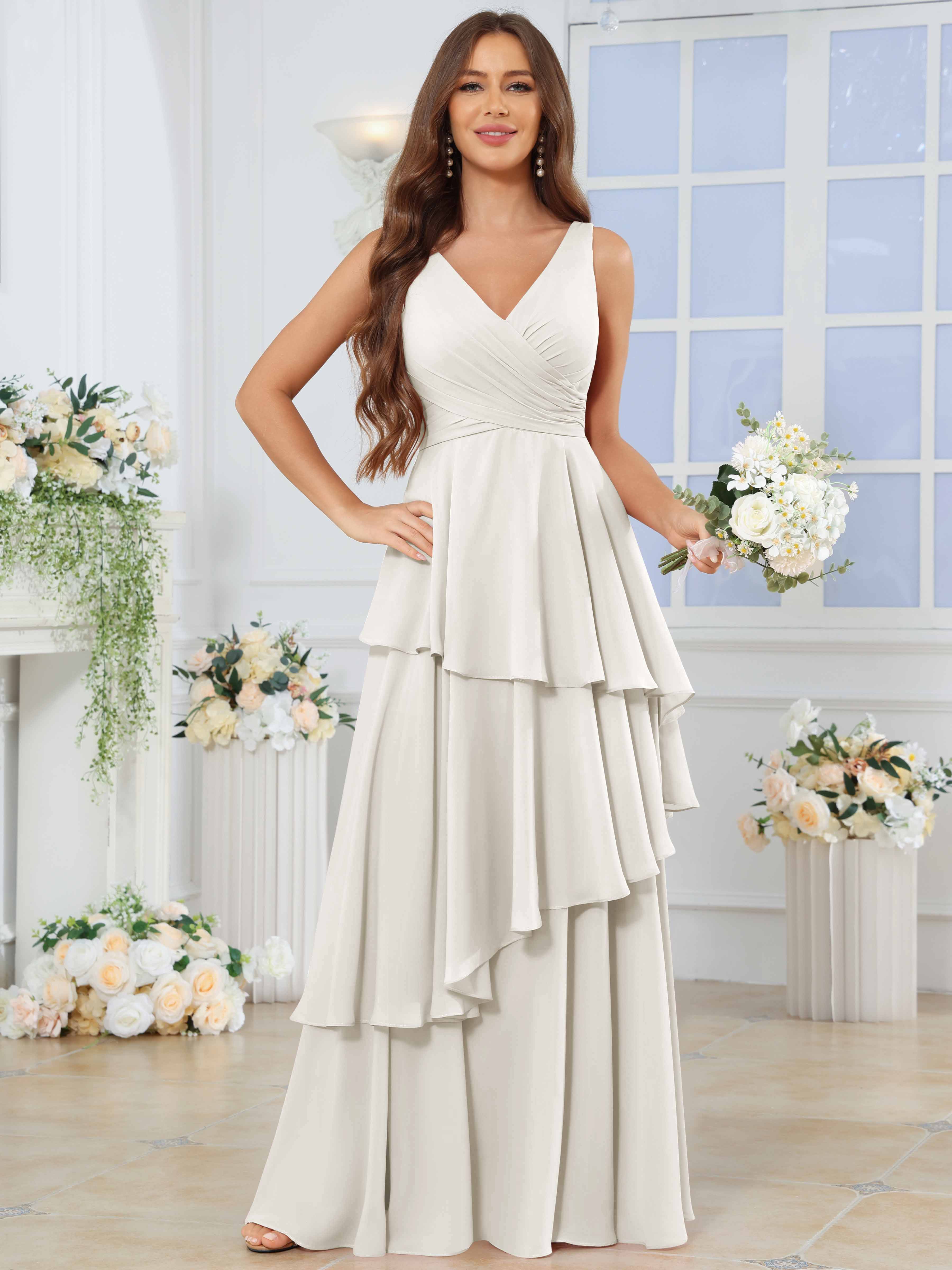 ROVDESY Long Sleeveless V-Neck Tiered Pleated Chiffon Bridesmaid Dress