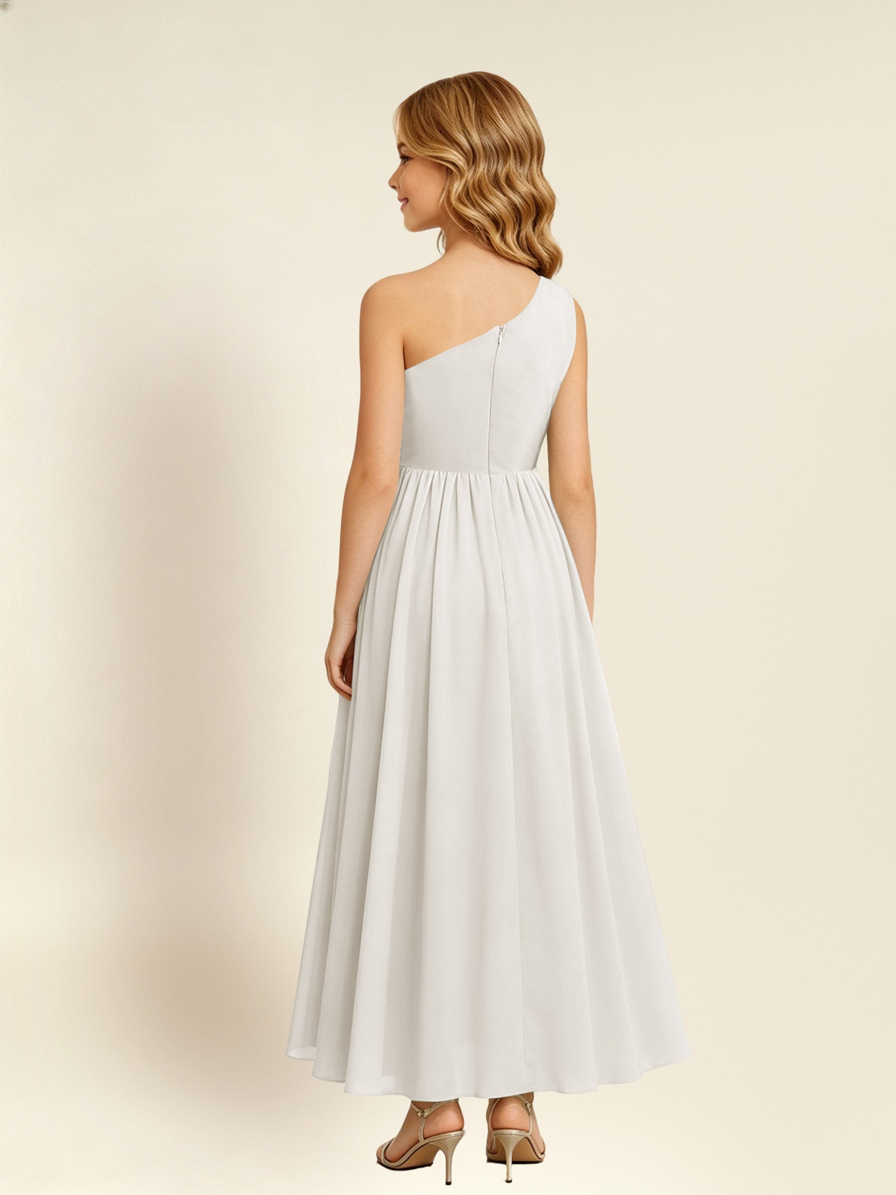 ROVDESY One Shoulder Twist Waist Chiffon Junior Bridesmaid Maxi Dress