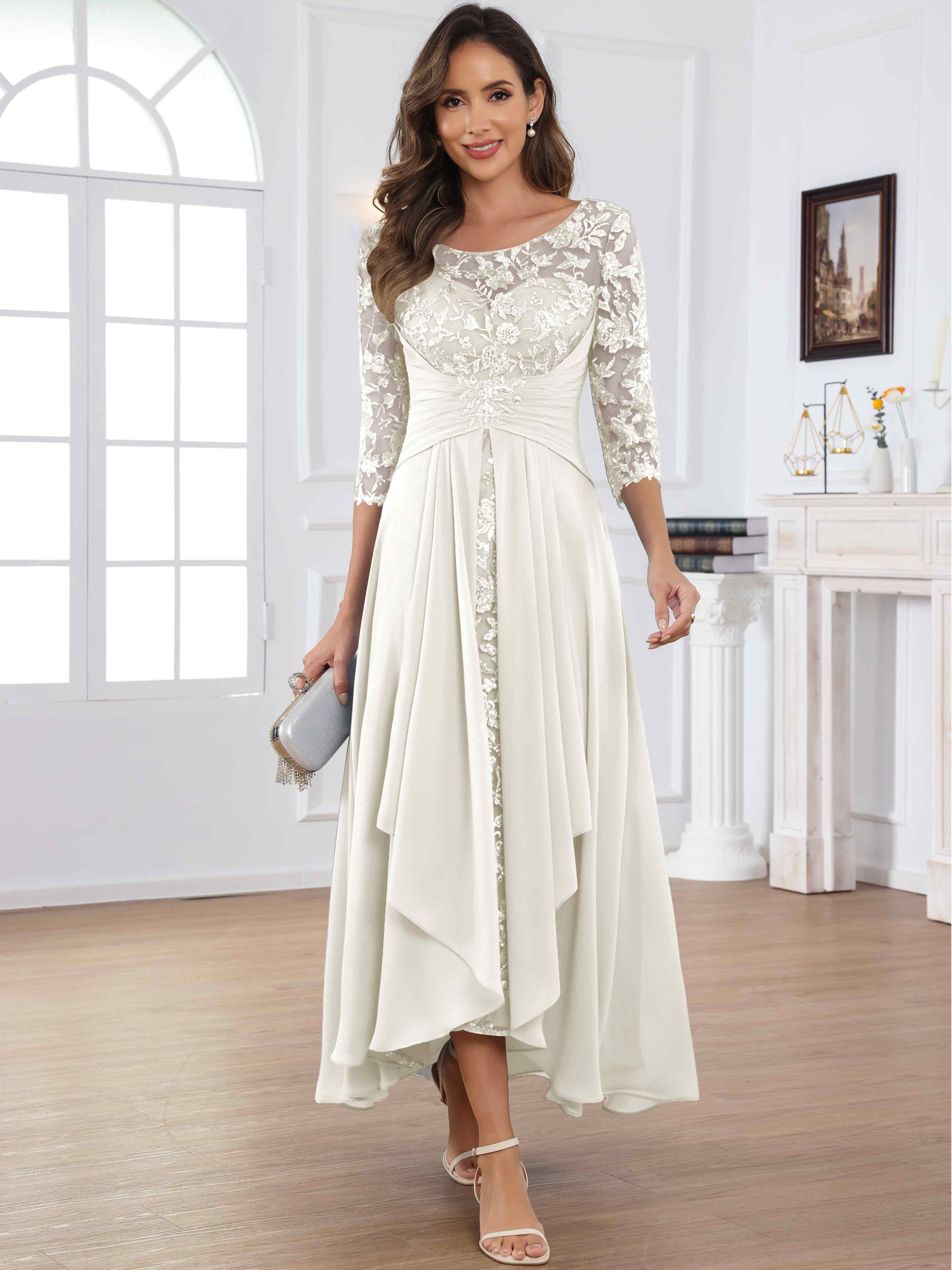 ROVDESY Tea Length Lace Chiffon Mother of The Bride Dress with 3/4 Sleeves