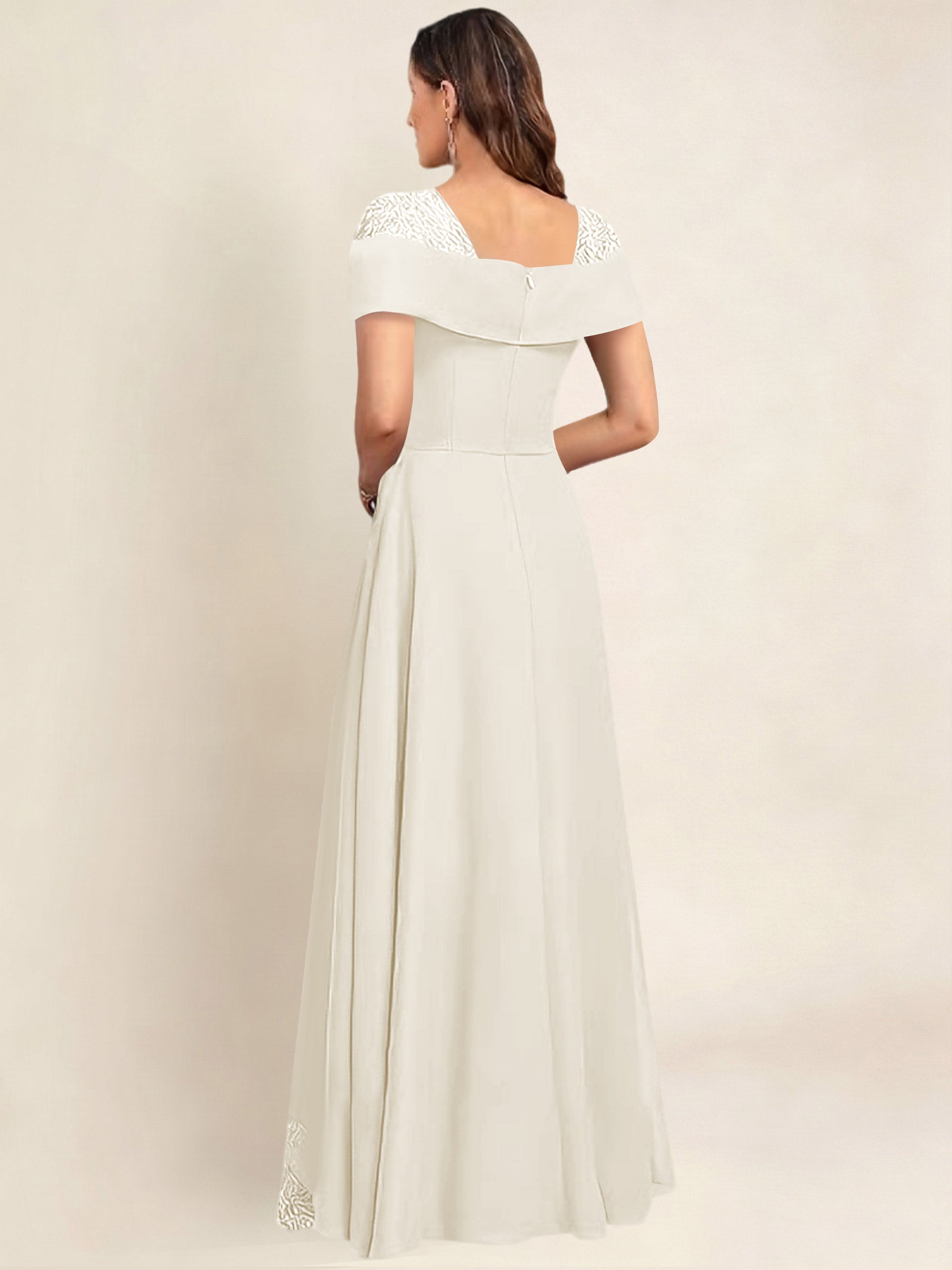 ROVDESY A-Line Off The Shoulder Lace Chiffon Long Mother of the Bride Dress Formal Gown