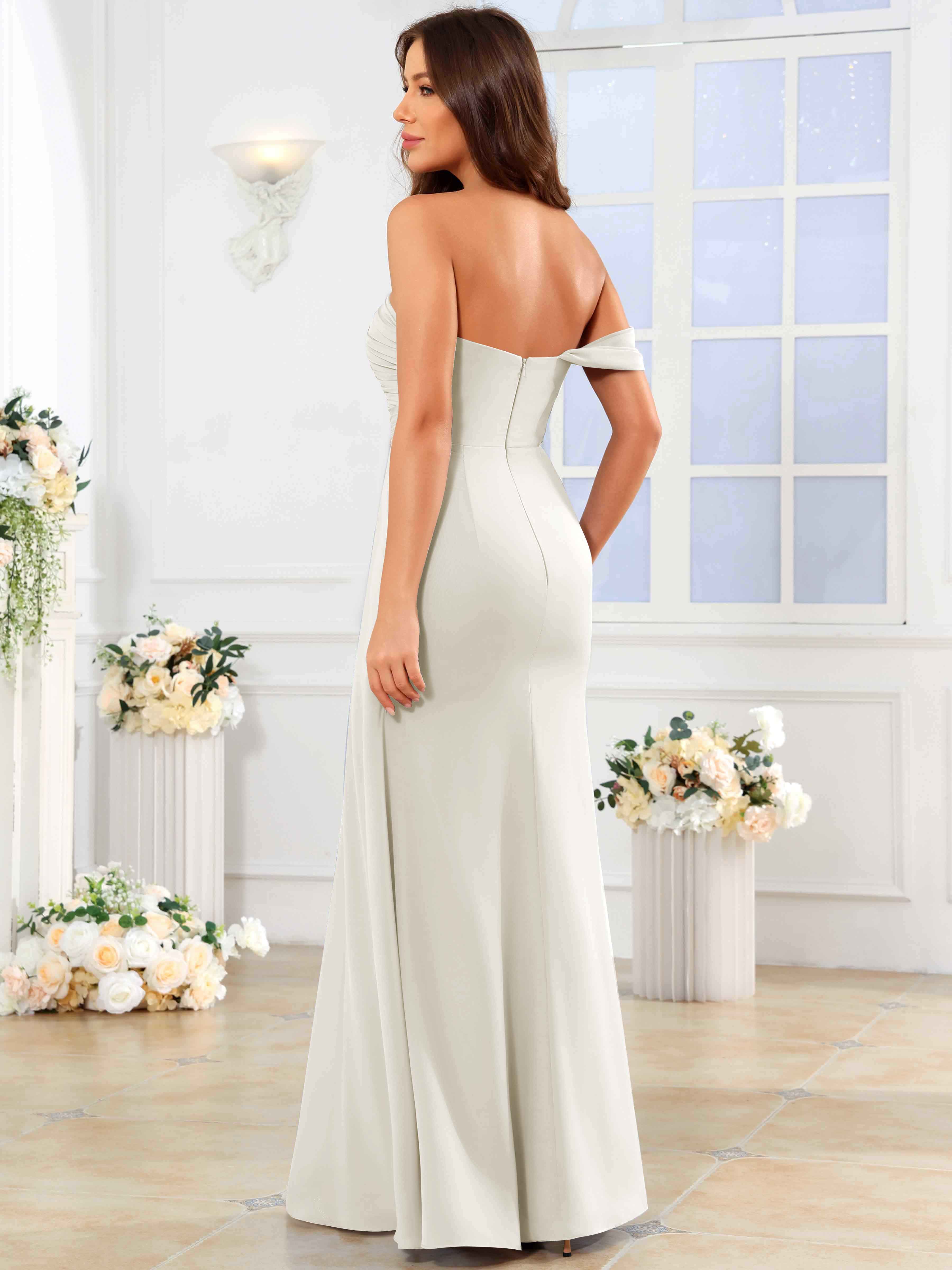 ROVDESY One Shoulder Off The Shoulder Pleated Chiffon Bridesmaid Dress