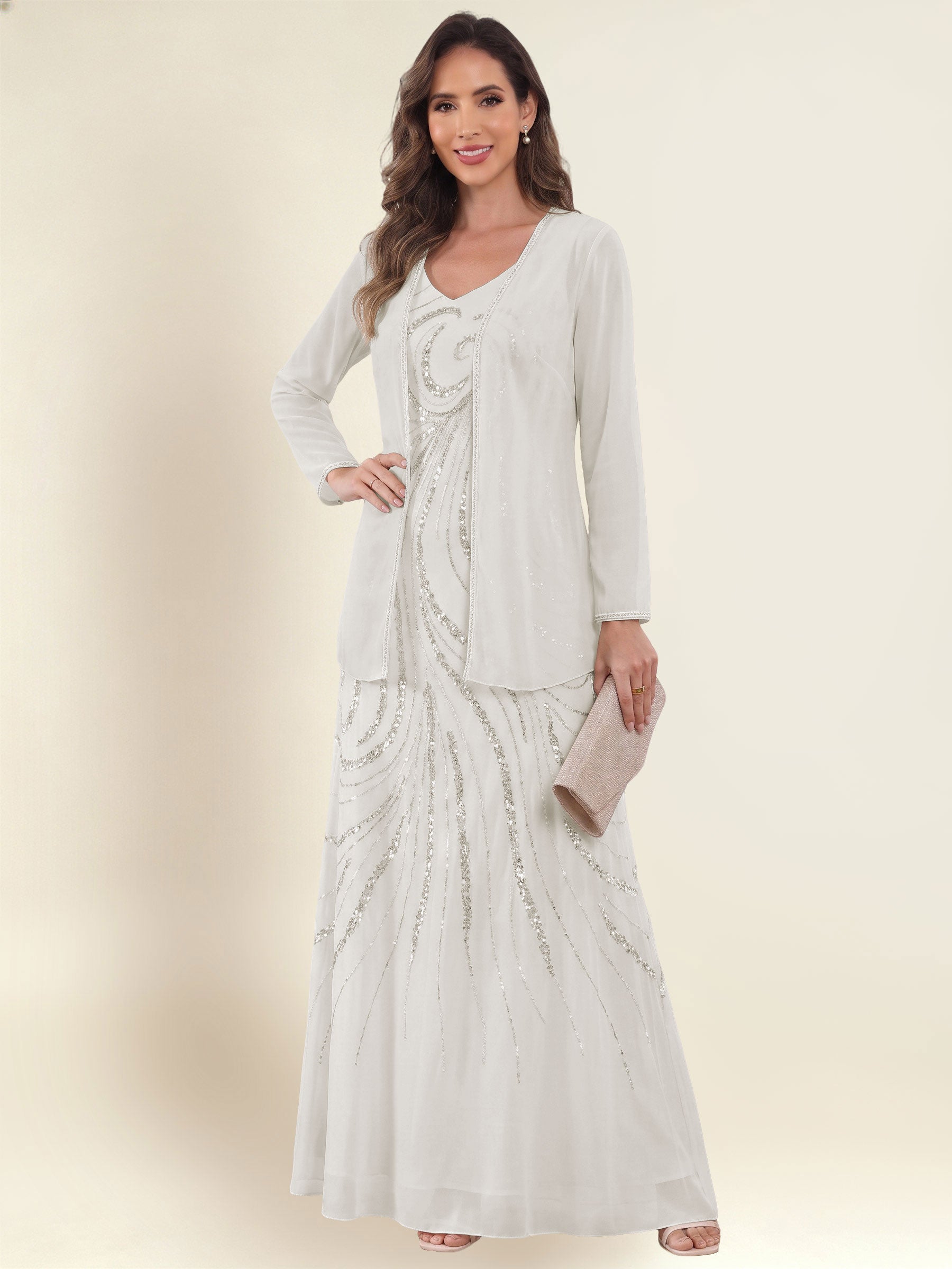 ROVDESY 2 Pieces V-Neck Sequin Chiffon Long Mother Of The Bride Dress With Long Sleeve Jacket
