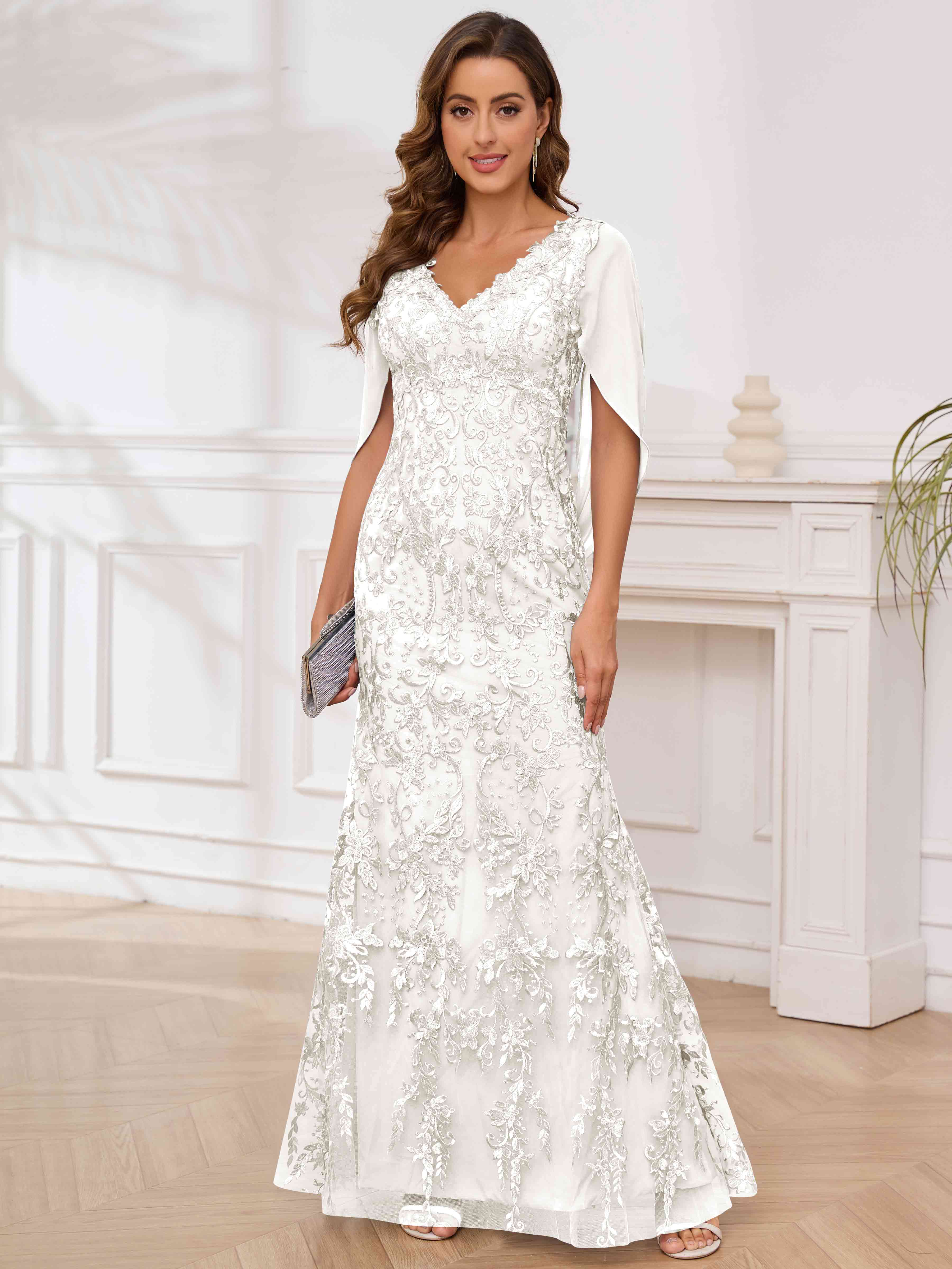 ROVDESY V-Neck Lace Mermaid Mother Of The Bride Dress With Cape Sleeves Long Formal Gown