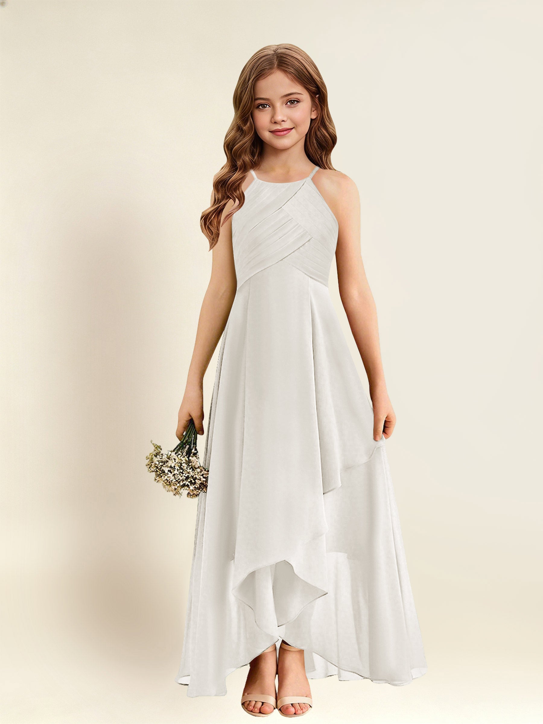 ROVDESY A-Line Halter Pleated Chiffon Junior Bridesmaid Dress