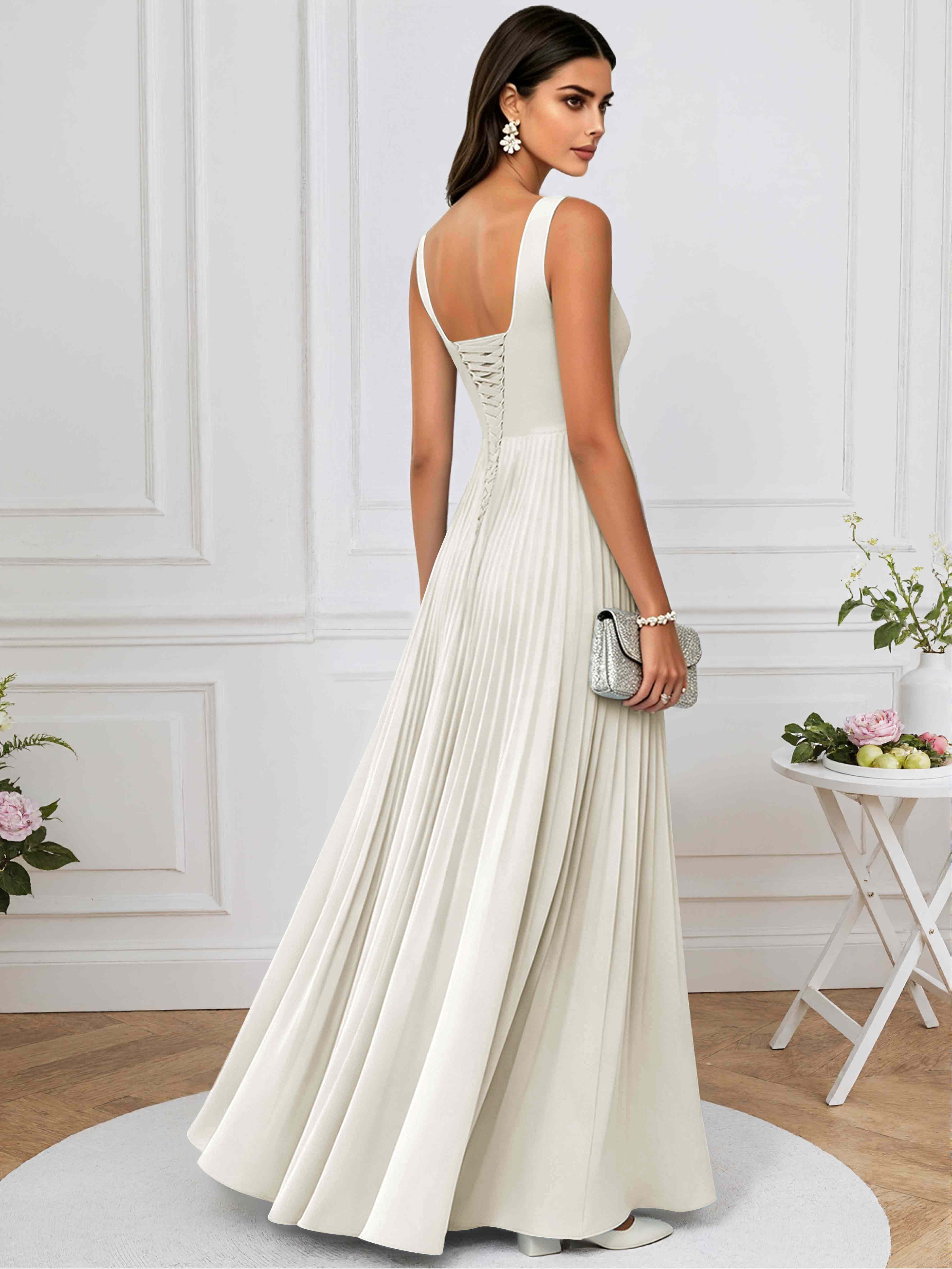 ROVDESY A-Line Square Neck Pleated Chiffon Long Bridesmaid/Prom Dress