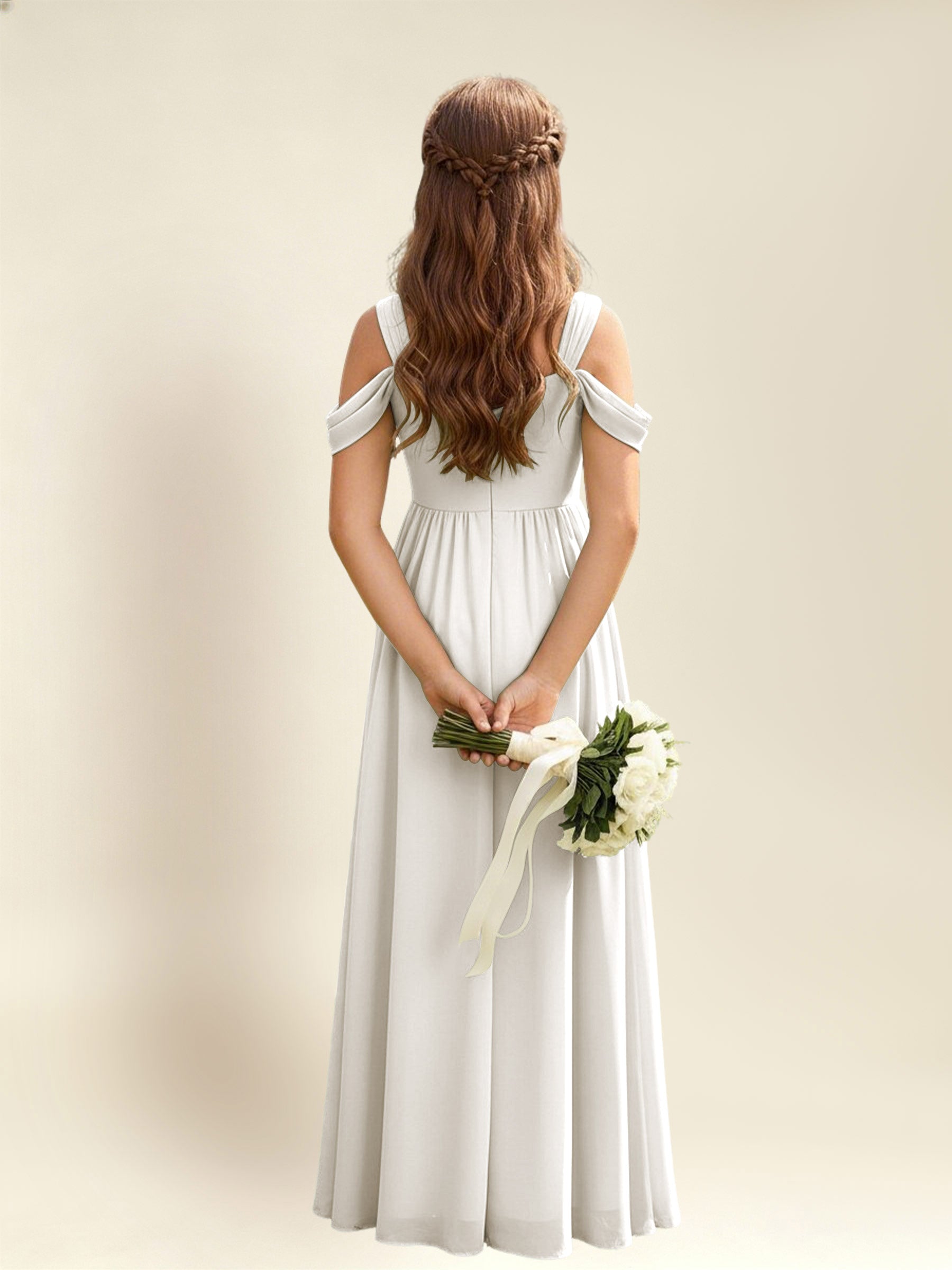 ROVDESY A-Line Off The Shoulder Pleated Chiffon Junior Bridesmaid Dress
