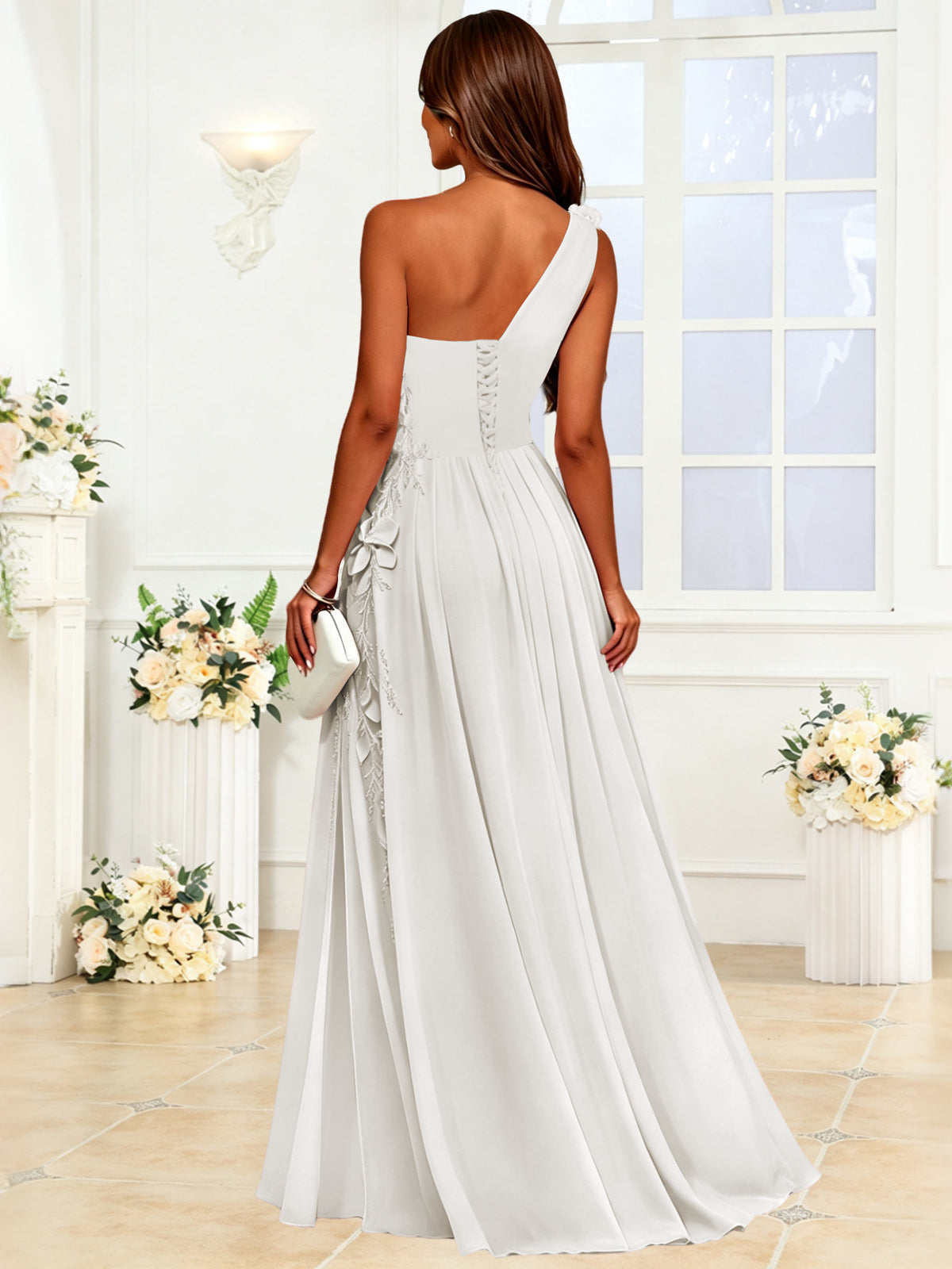One Shoulder 3D Flower Chiffon Bridesmaid Dress with Slit