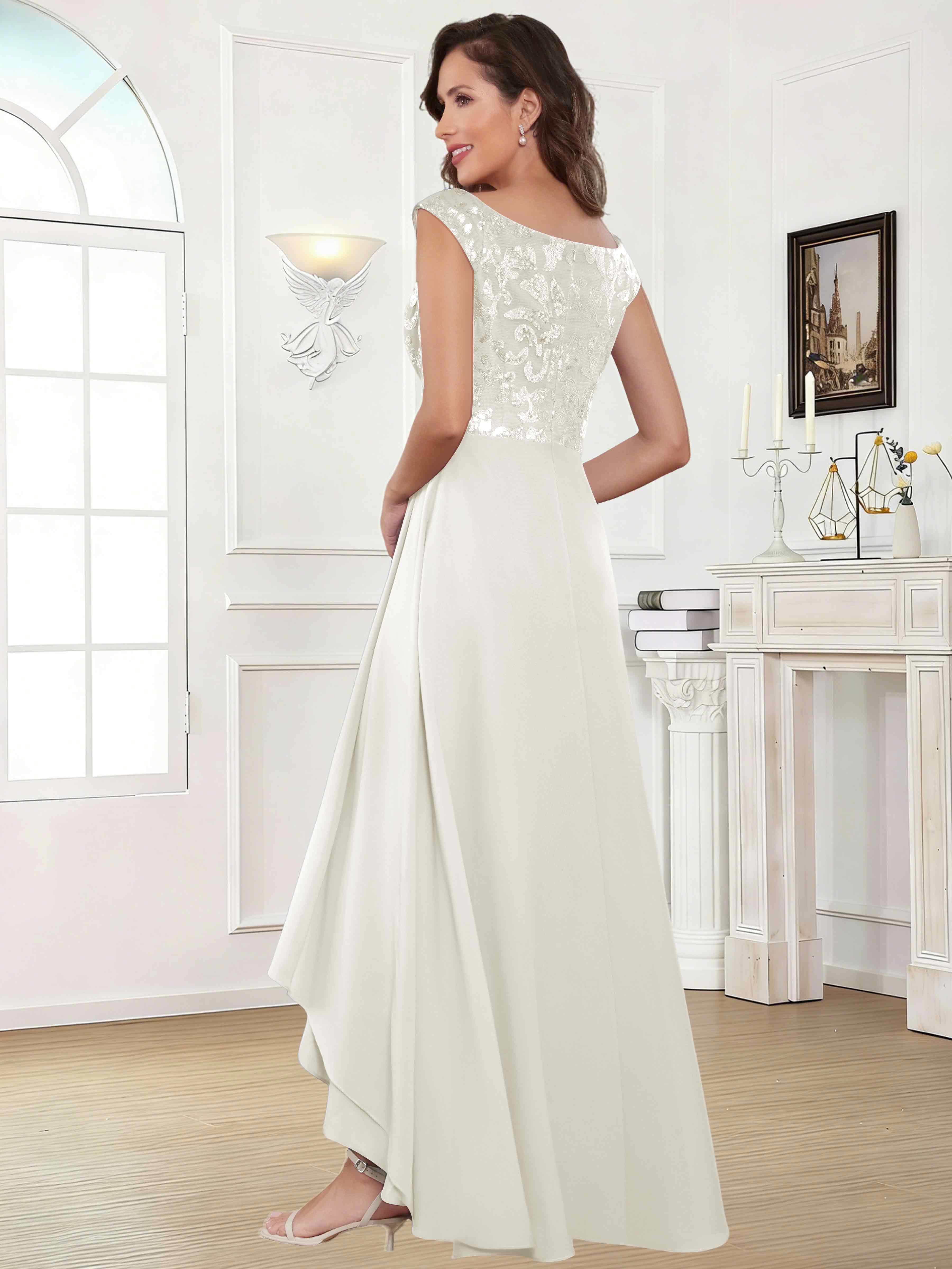 ROVDESY Tea Length Off-The-Shoulder Sequin Chiffon Mother Of The Bride Dress