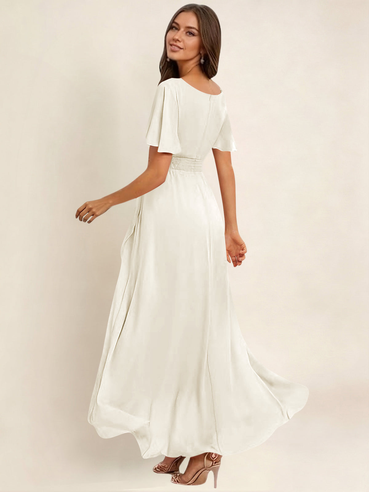 ROVDESY A-Line High Low Round Neck Pleated Ruffle Chiffon Bridesmaid Dress With Short Sleeves