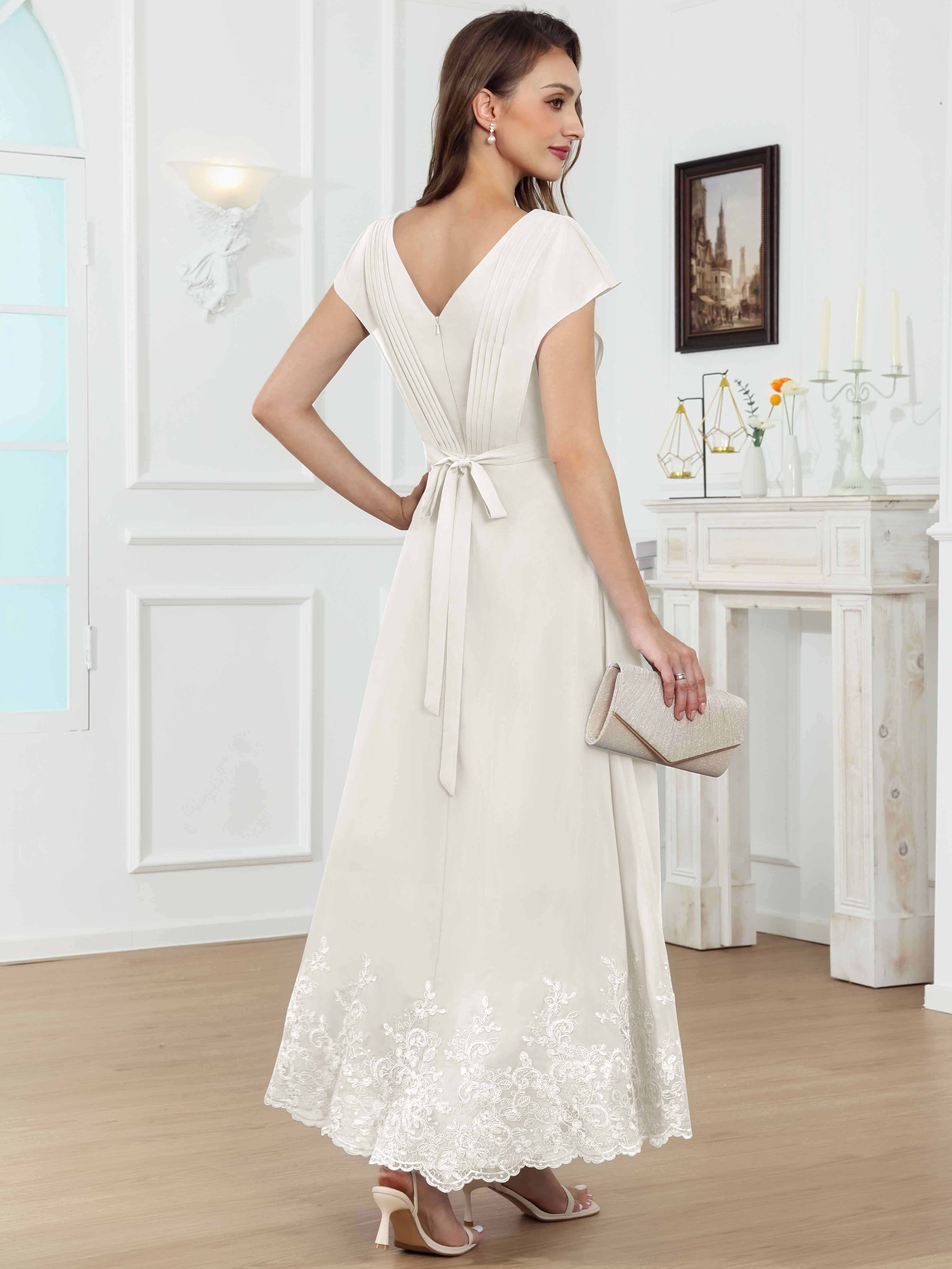 ROVDESY Tea Length High-Low V-Neck Ruched Lace Chiffon Mother of The Bride Dress for Women