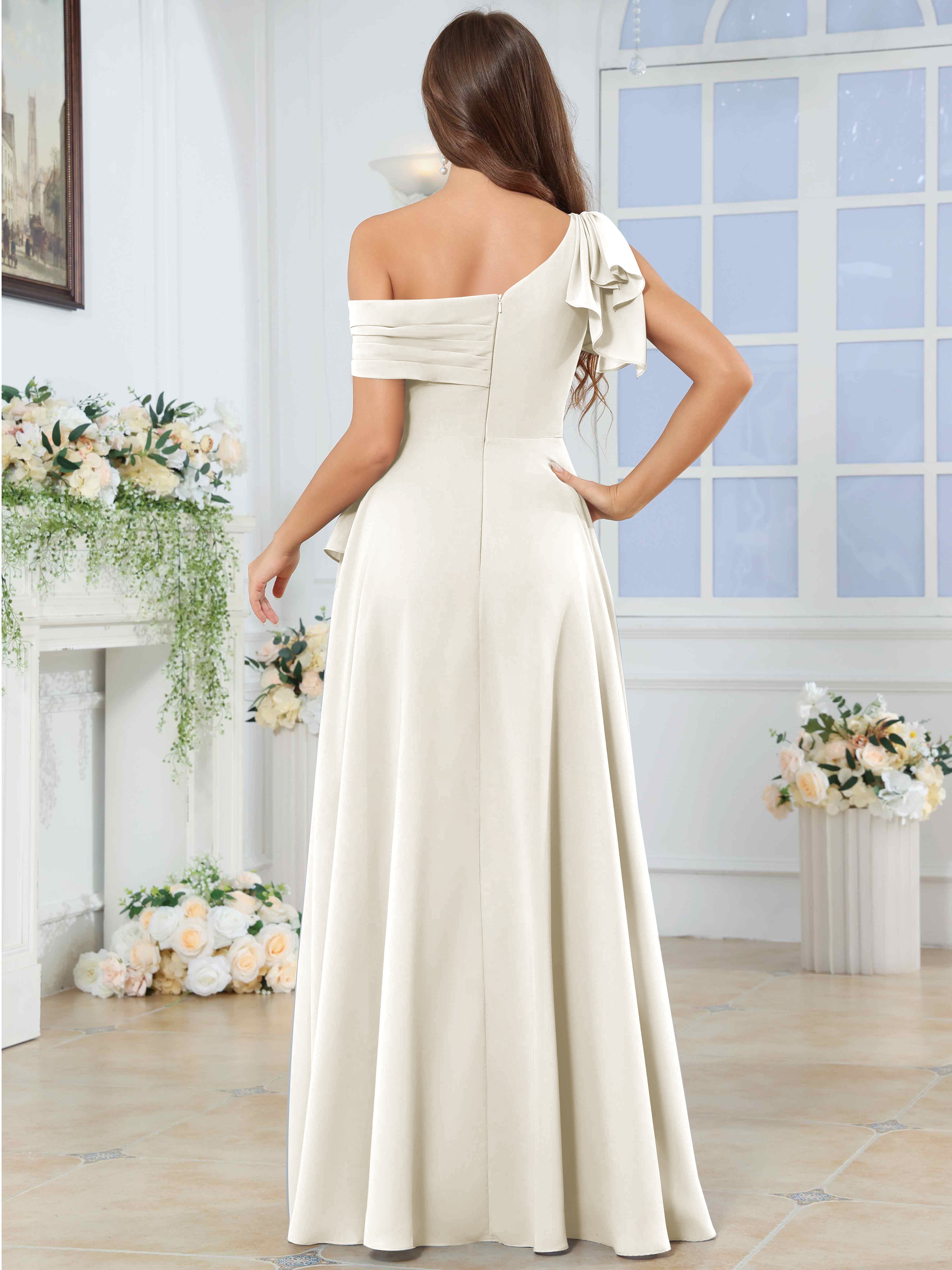 ROVDESY One Shoulder Pleated Ruffle Chiffon Bridesmaid Dress With Slit