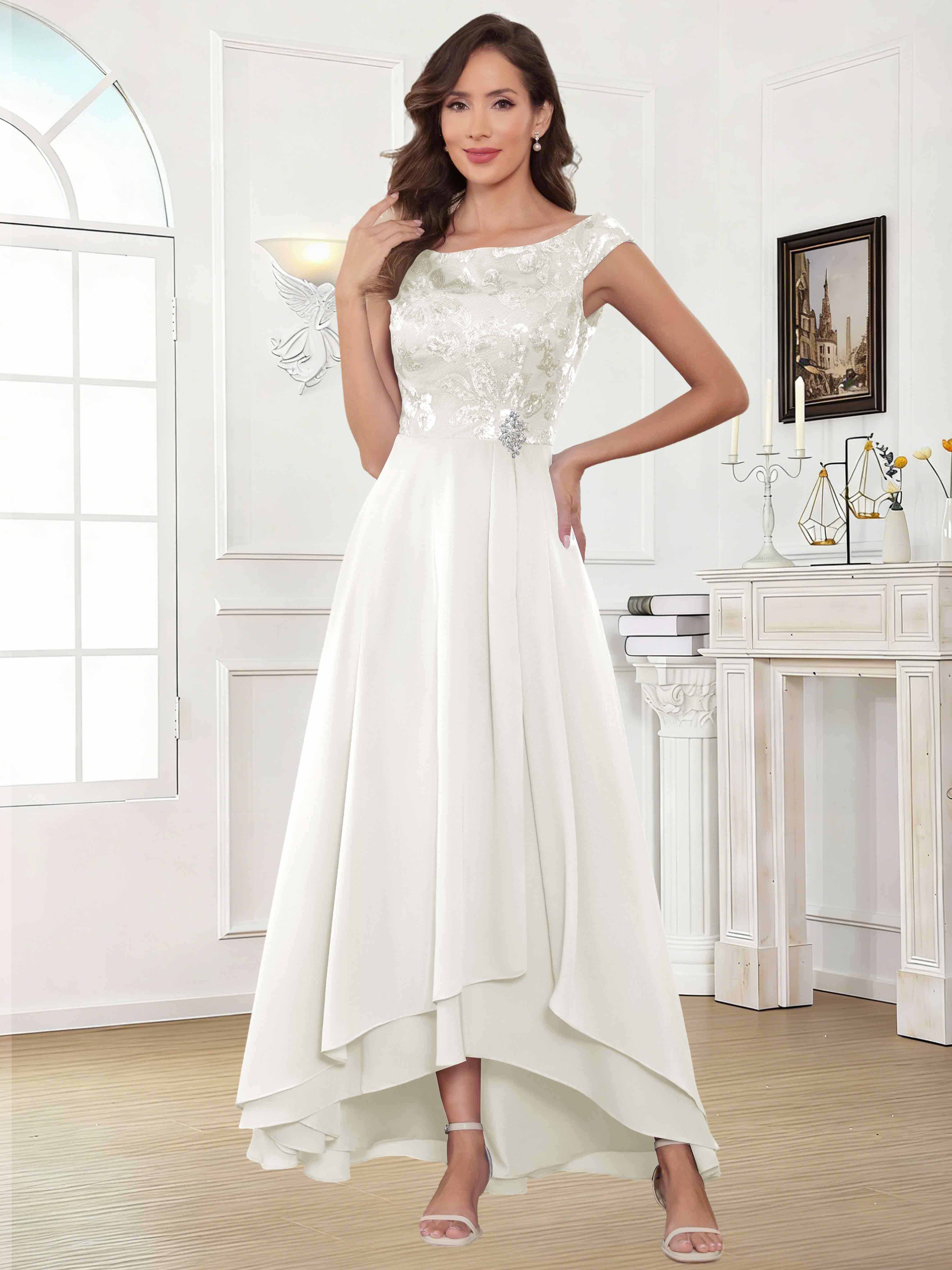 ROVDESY Tea Length Off-The-Shoulder Sequin Chiffon Mother Of The Bride Dress