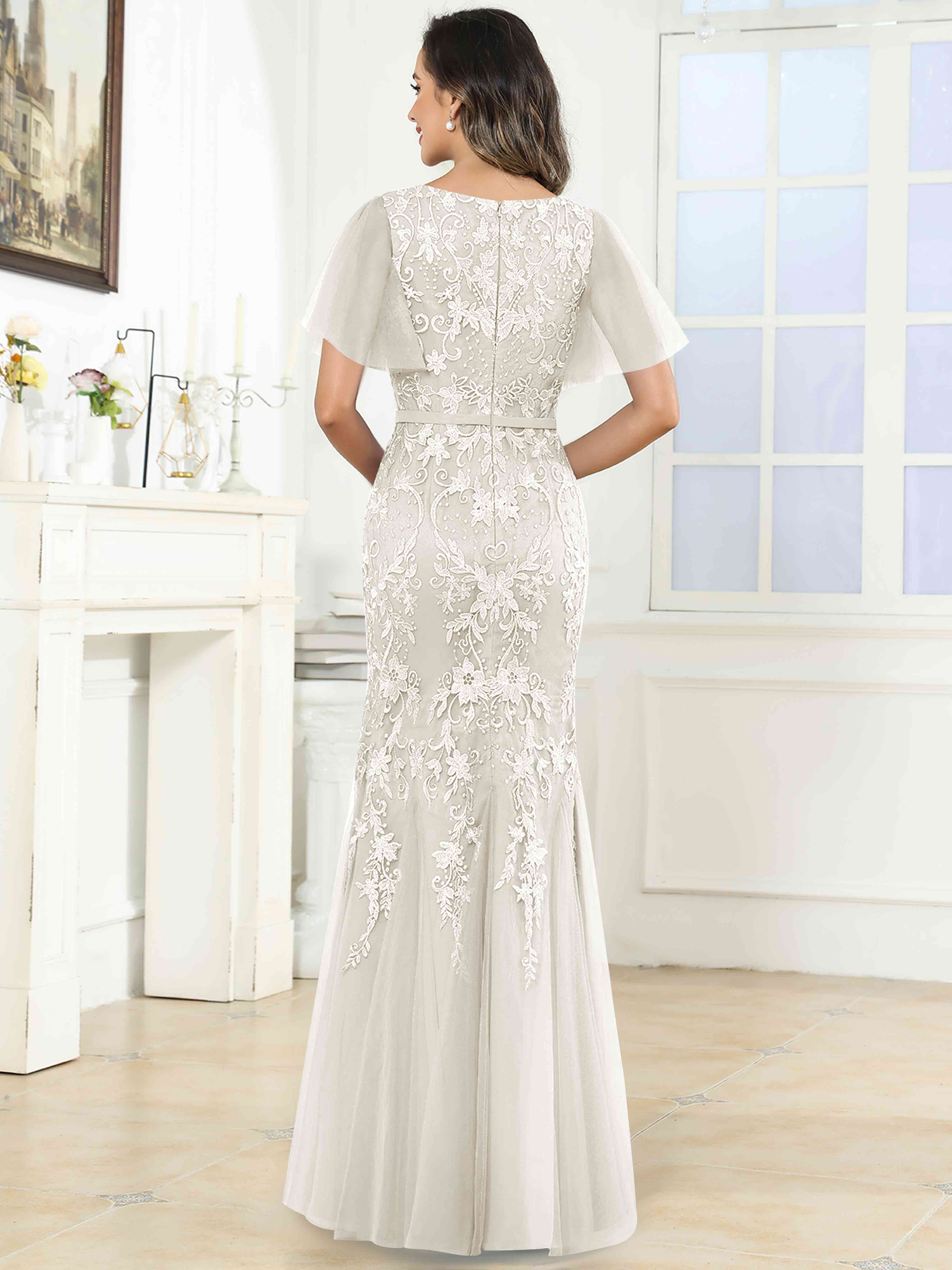 ROVDESY Elegant V-Neck Lace Mermaid Long Mother Of The Bride Dress Formal Gown With Sleeves