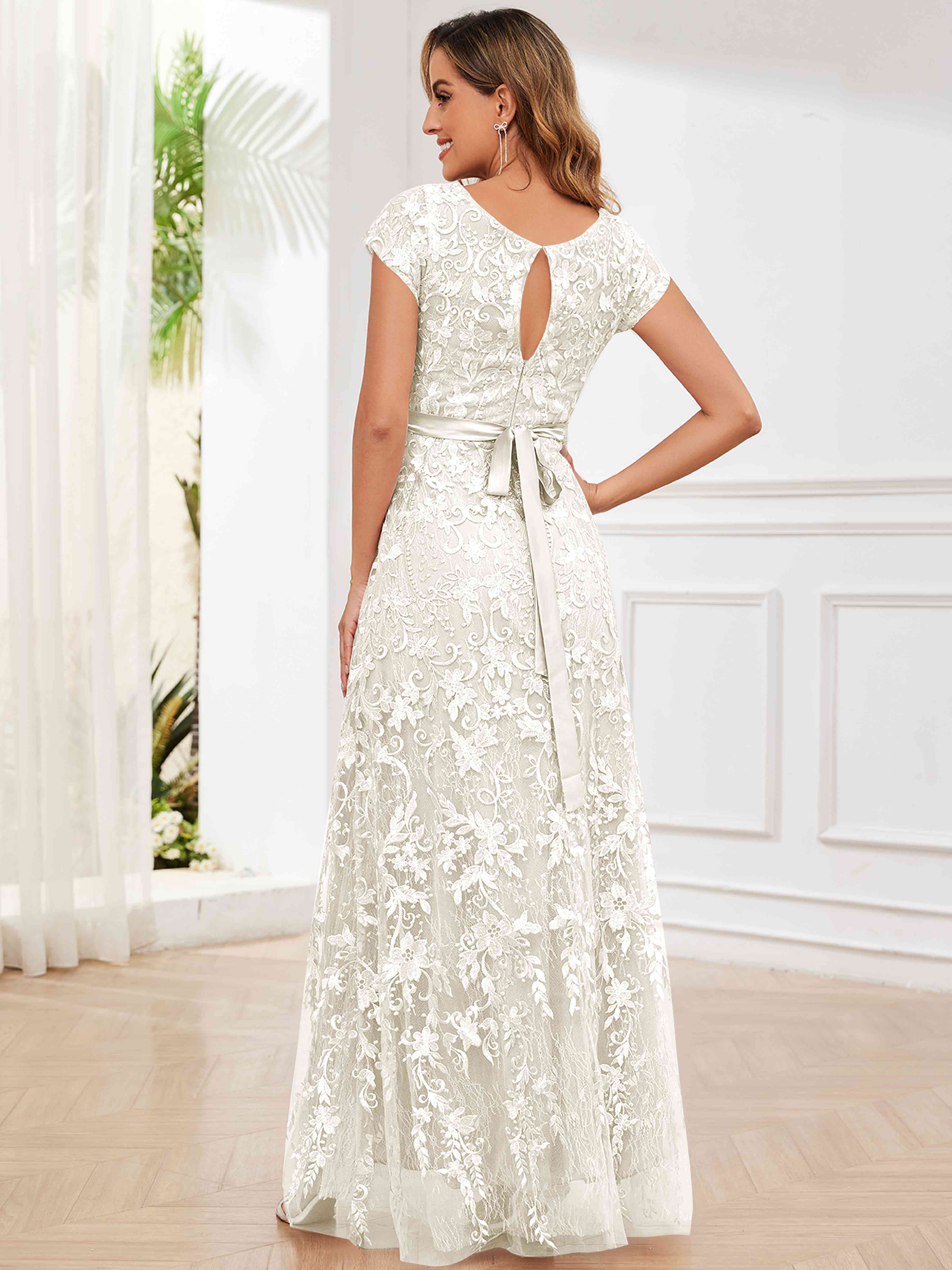 ROVDESY Elegant Lace Mother Of The Bride Dress With Short Sleeves Formal Gown