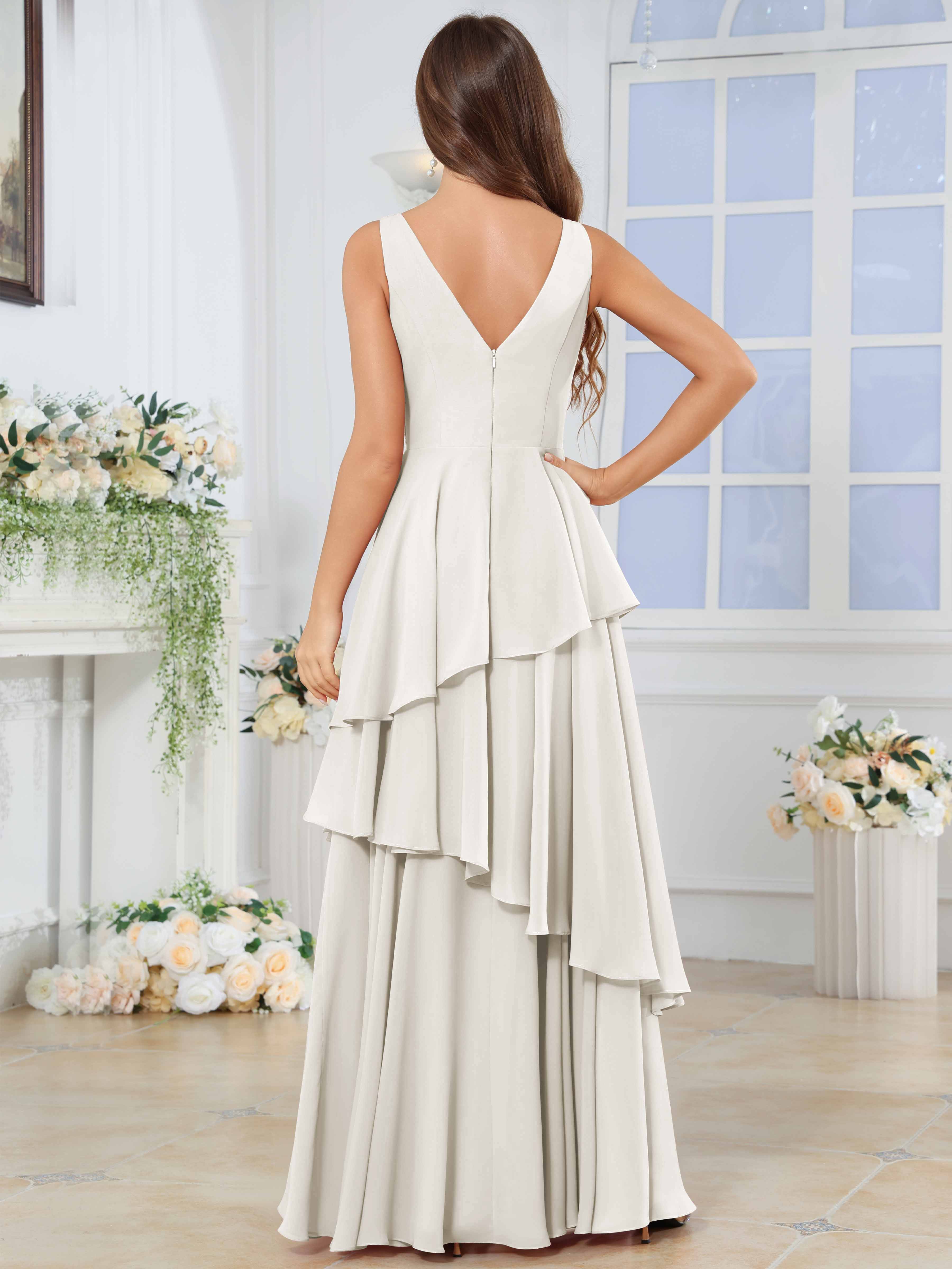 ROVDESY Long Sleeveless V-Neck Tiered Pleated Chiffon Bridesmaid Dress