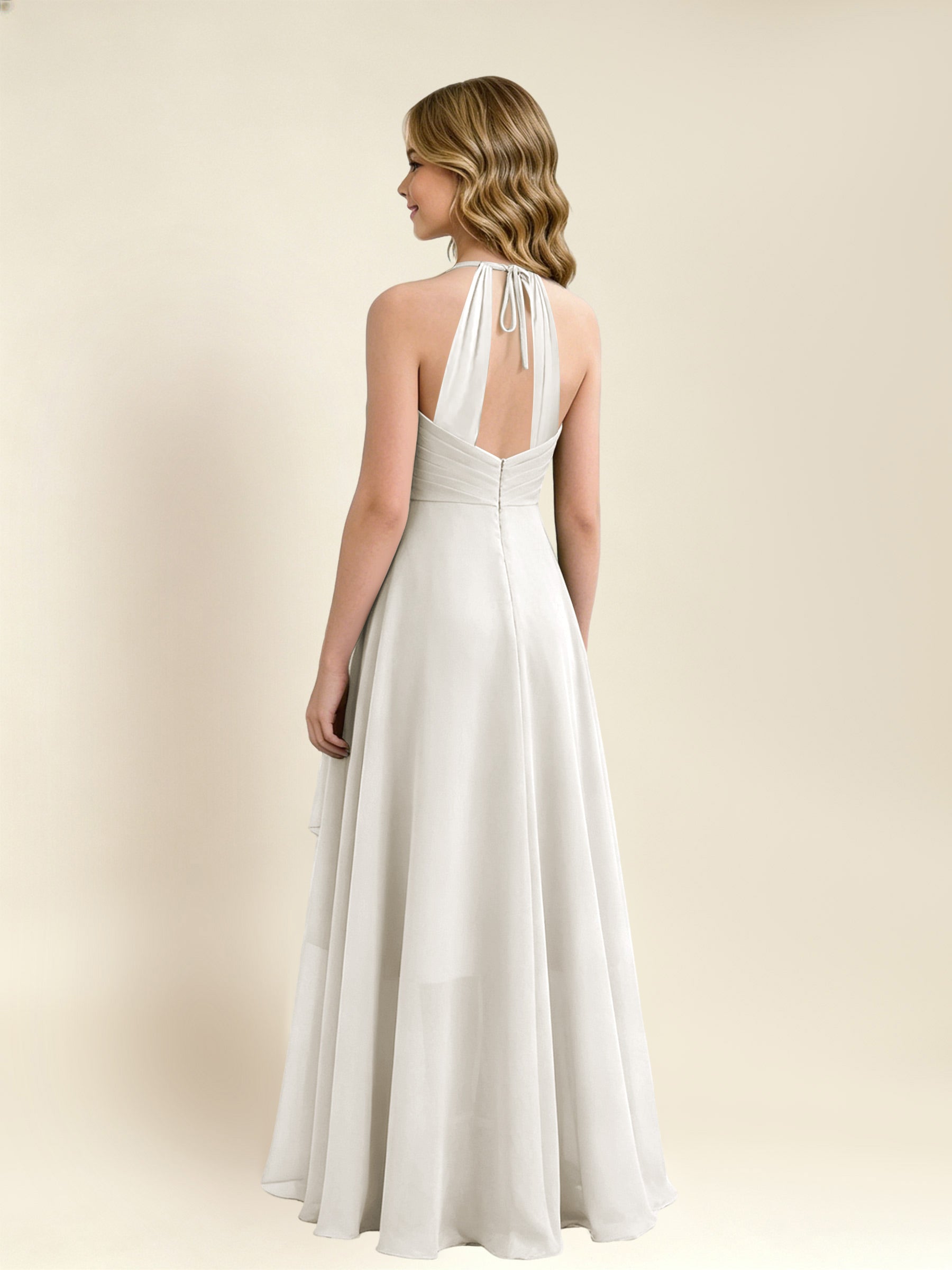 ROVDESY A-Line Halter Pleated Chiffon Junior Bridesmaid Dress