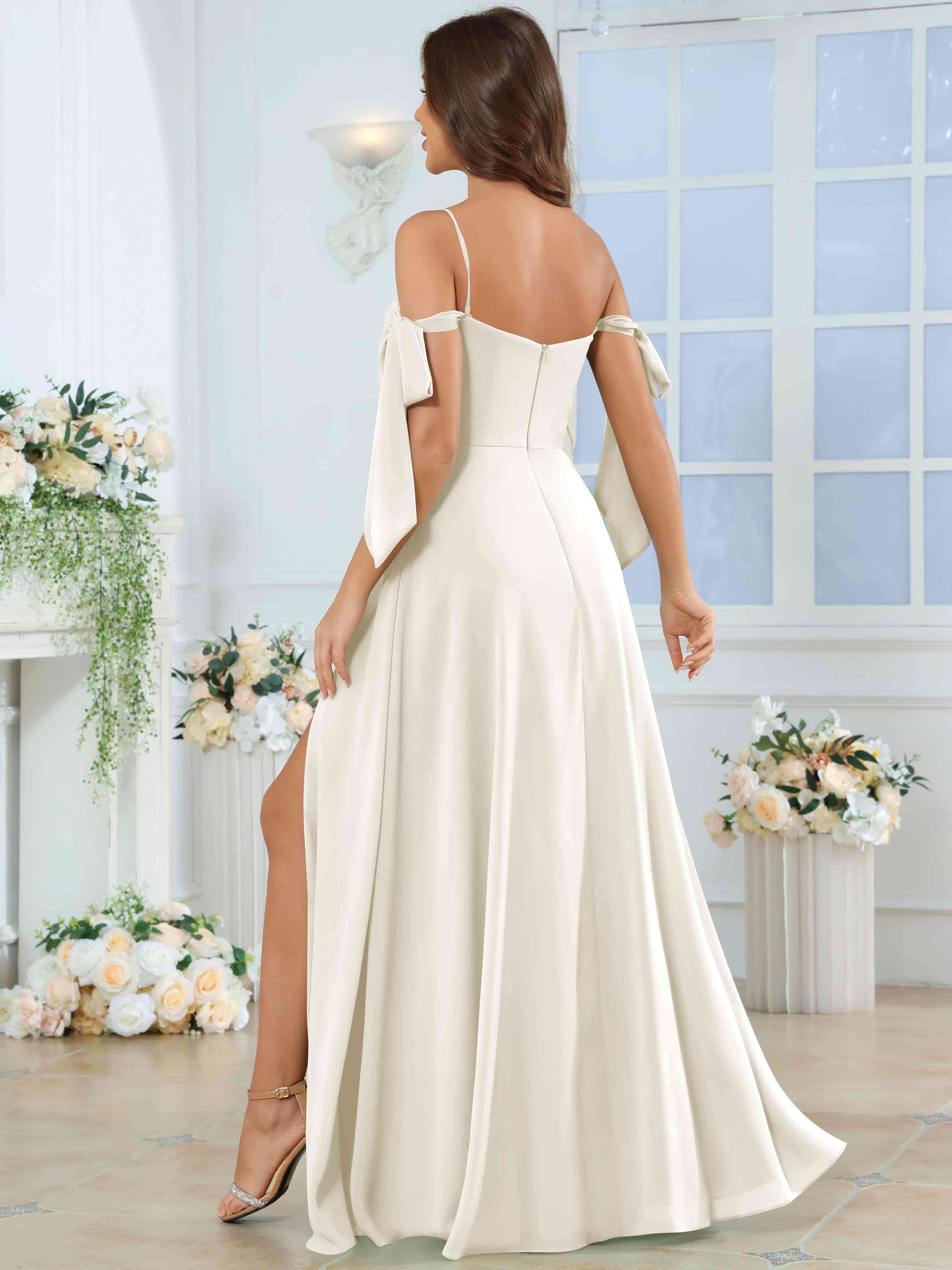 ROVDESY Spaghetti Strap Pleated Ruffle Slit Chiffon Bridesmaid Dress With Bow Sleeves