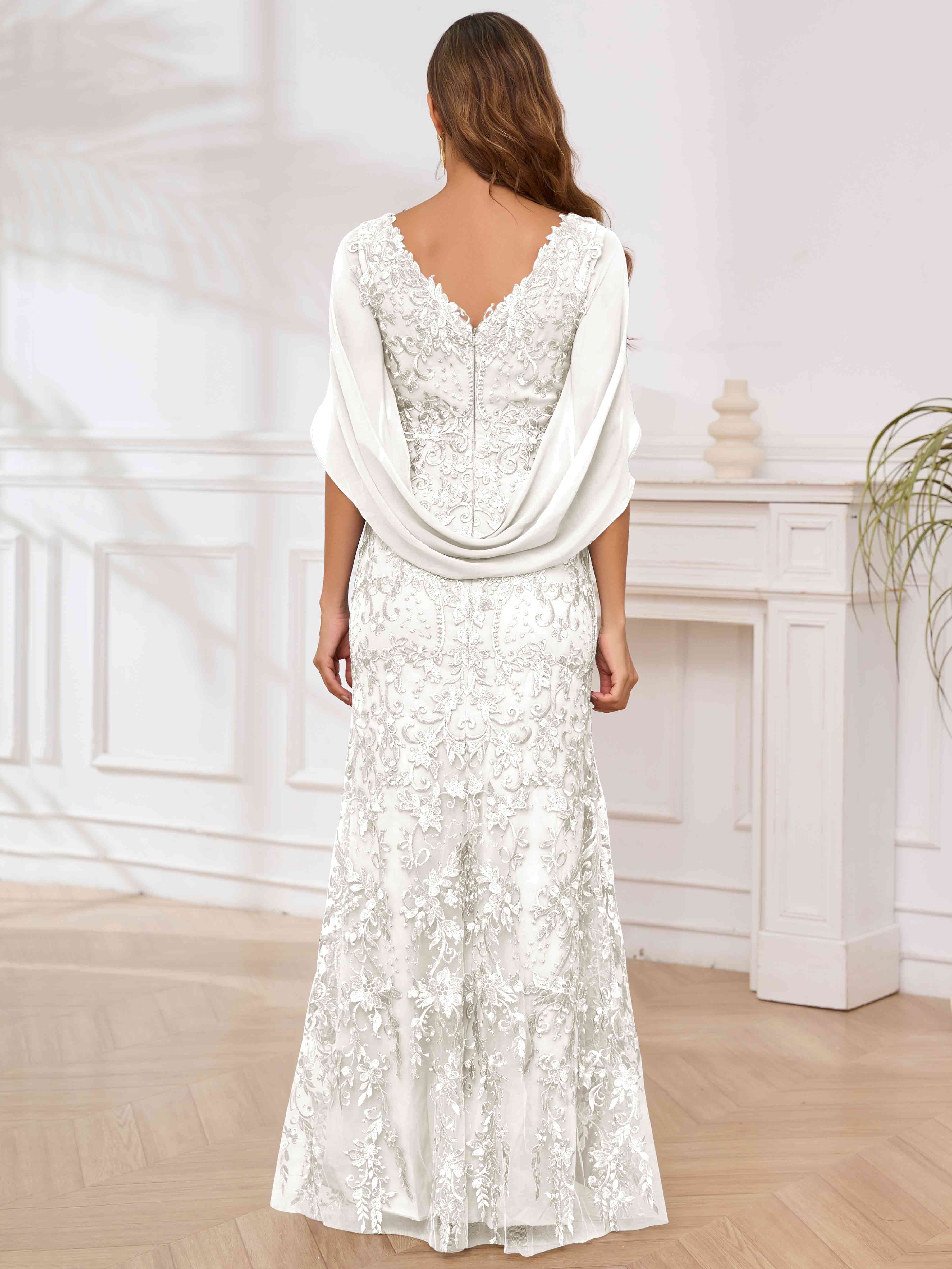 ROVDESY V-Neck Lace Mermaid Mother Of The Bride Dress With Cape Sleeves Long Formal Gown
