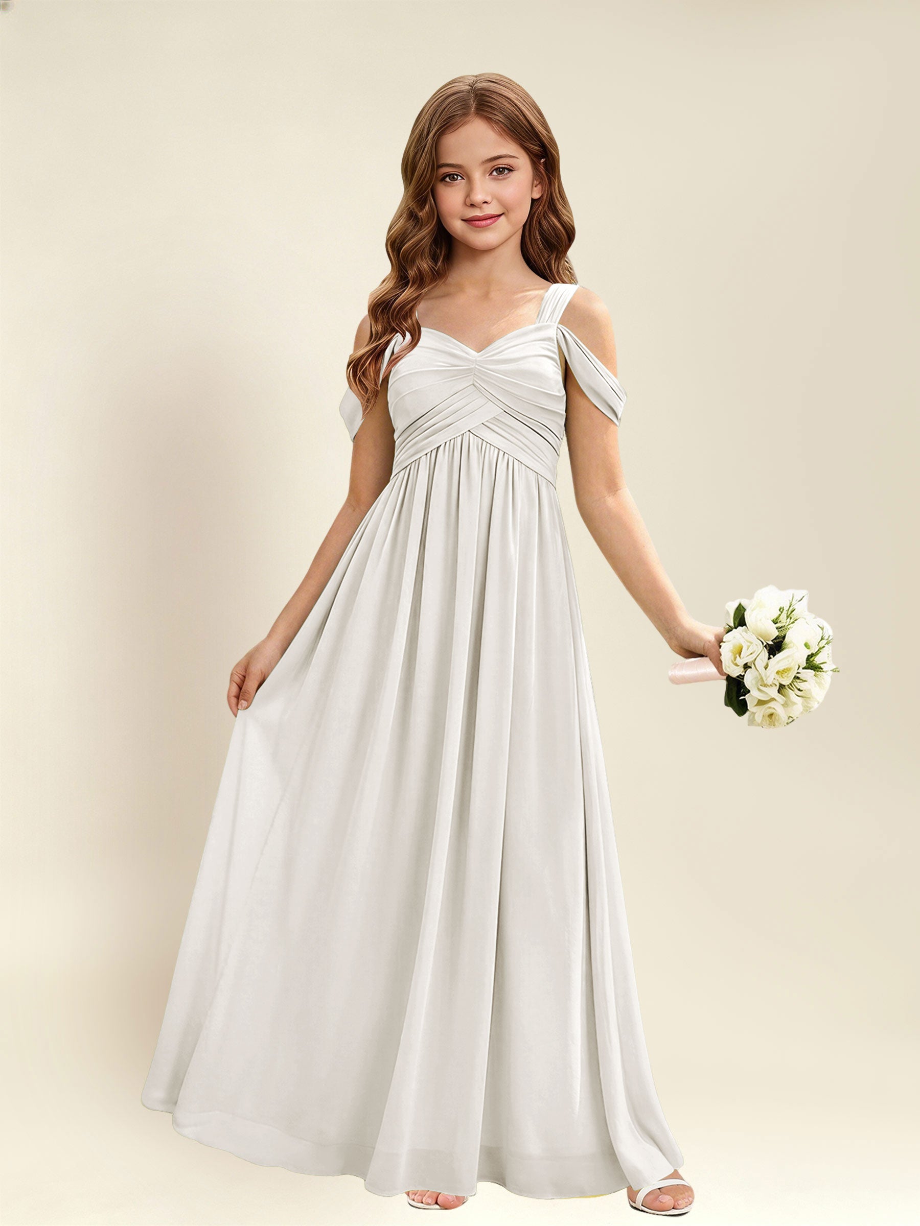 ROVDESY A-Line Off The Shoulder Pleated Chiffon Junior Bridesmaid Dress