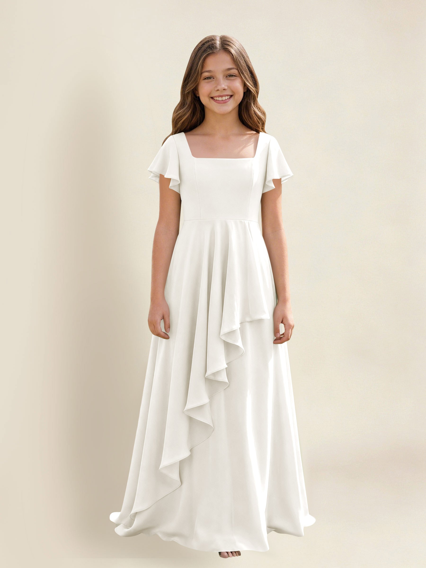 ROVDESY A-Line Square Neck Ruffle Chiffon Junior Bridesmaid Dress With Short Sleeves