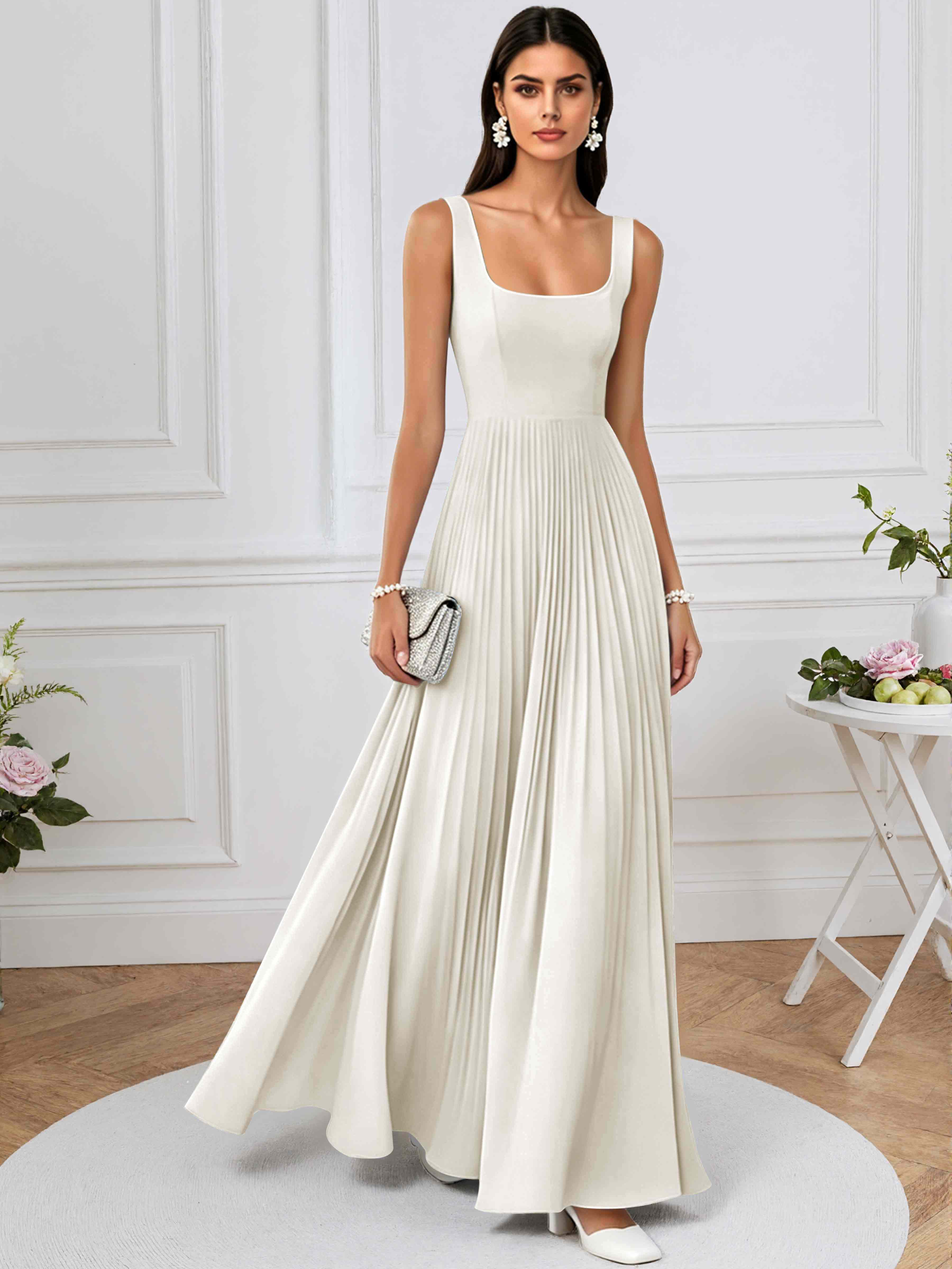 ROVDESY A-Line Square Neck Pleated Chiffon Long Bridesmaid/Prom Dress