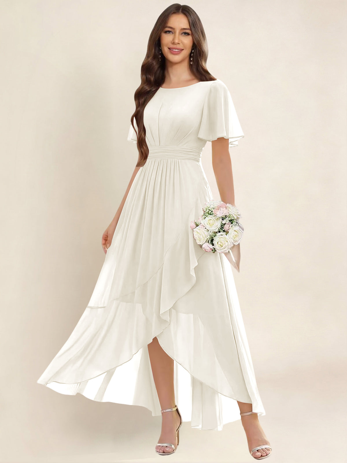 ROVDESY A-Line High Low Round Neck Pleated Ruffle Chiffon Bridesmaid Dress With Short Sleeves