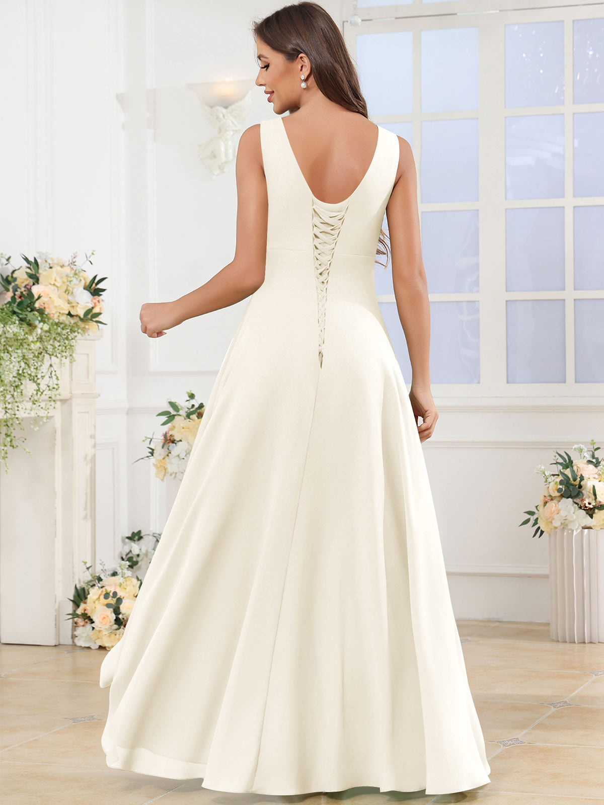 V Neck Chiffon A Line Ruffle Bridesmaid Dress with Slit