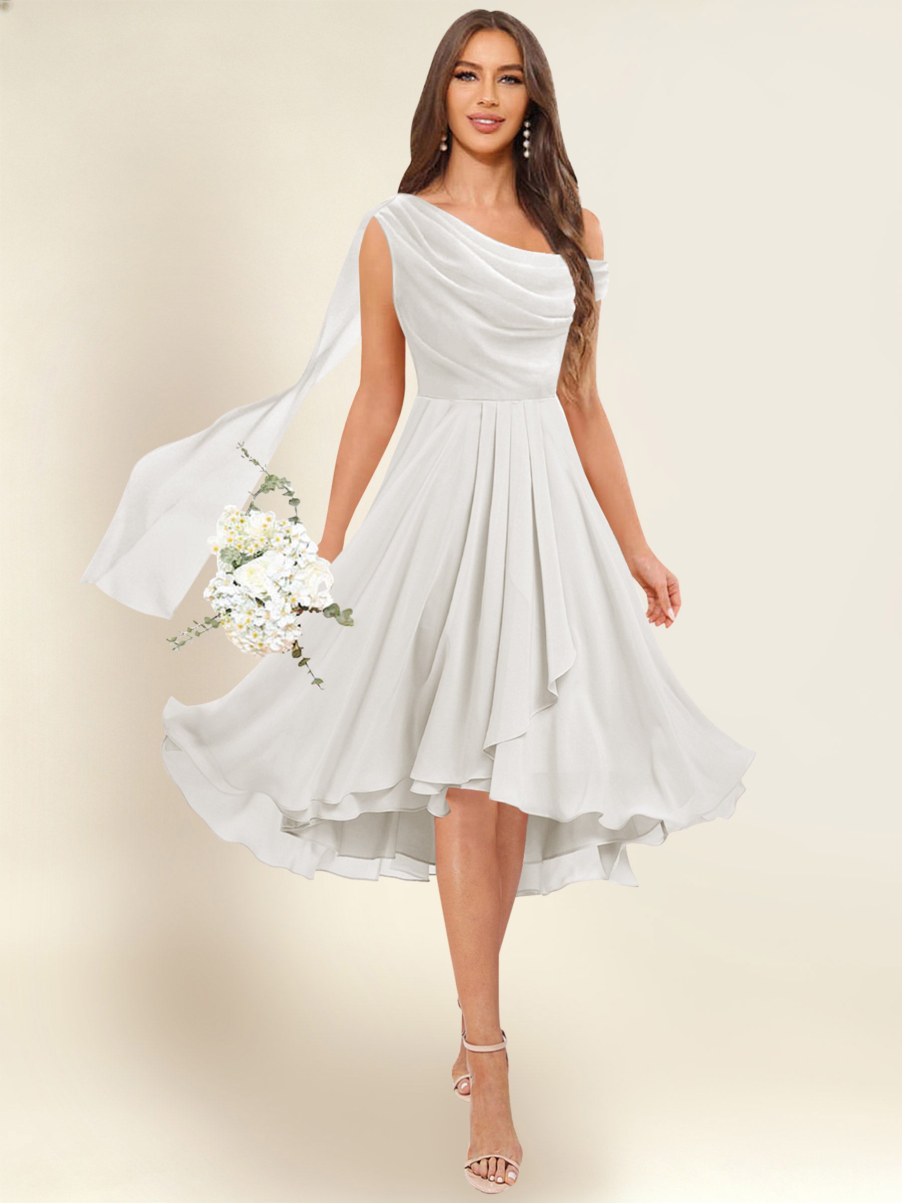 ROVDESY A-Line One Shoulder Pleated Chiffon Bridesmaid Dress With Flowing Sash