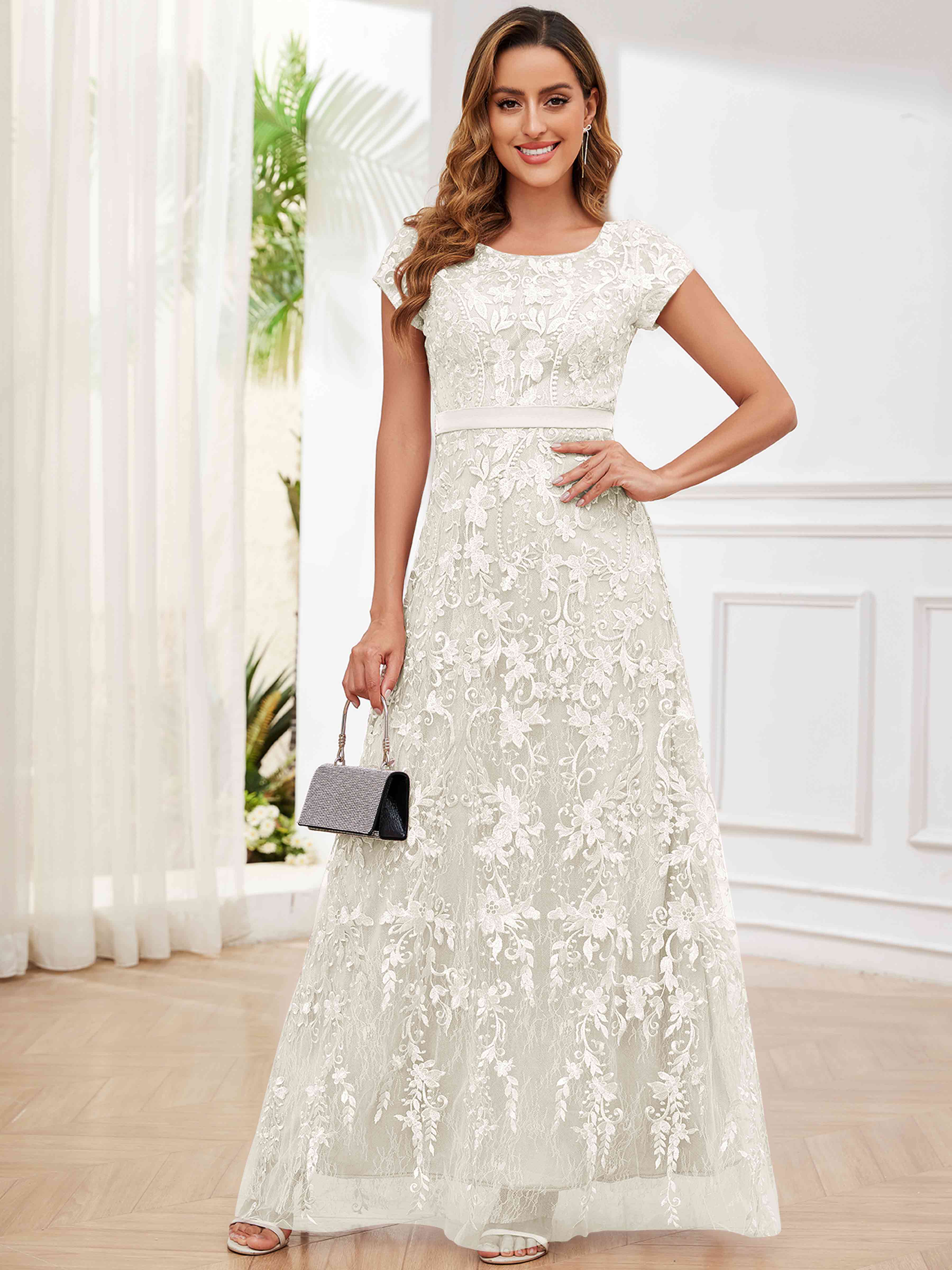 ROVDESY Elegant Lace Mother Of The Bride Dress With Short Sleeves Formal Gown