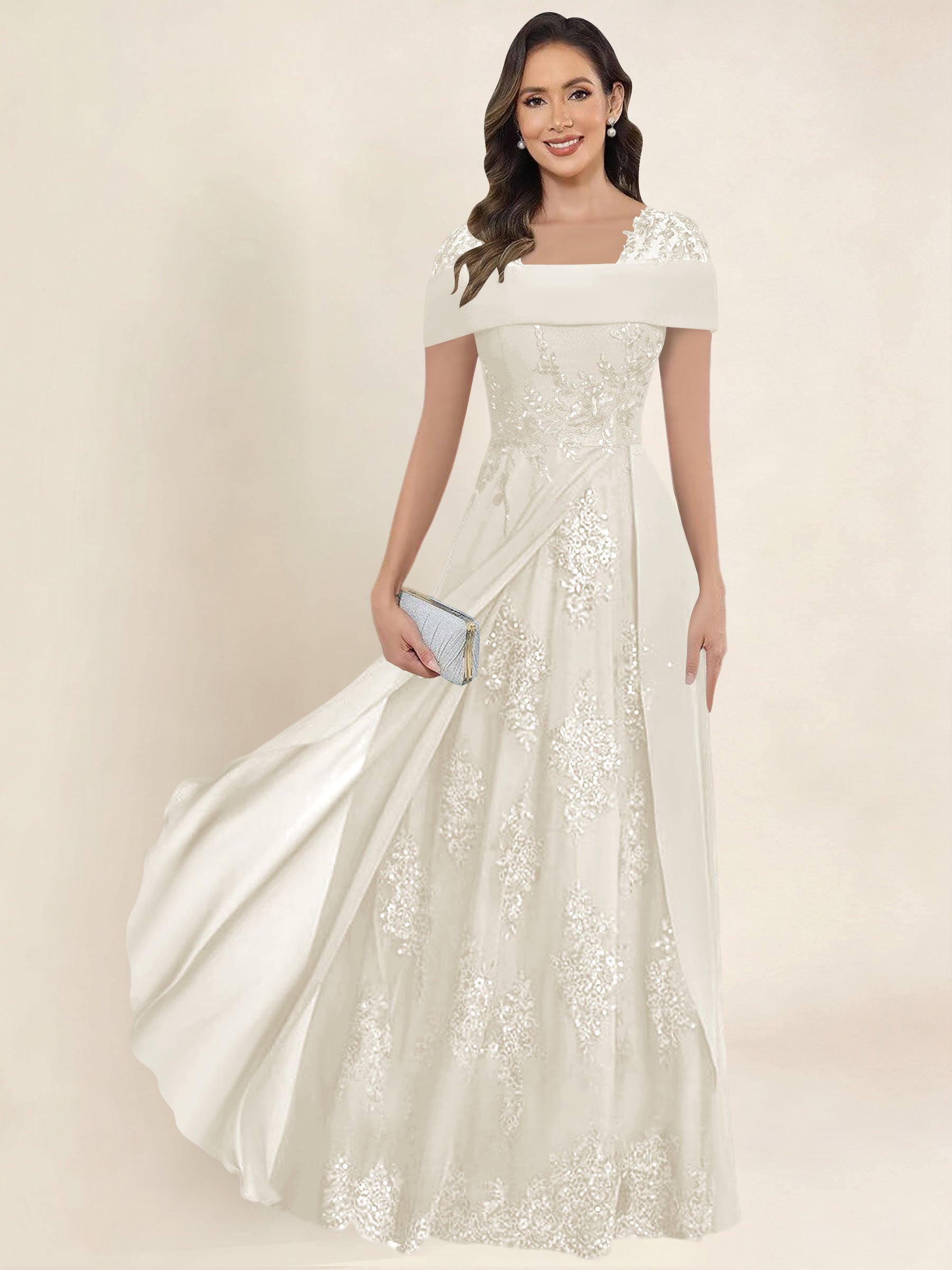 ROVDESY A-Line Off The Shoulder Lace Chiffon Long Mother of the Bride Dress Formal Gown