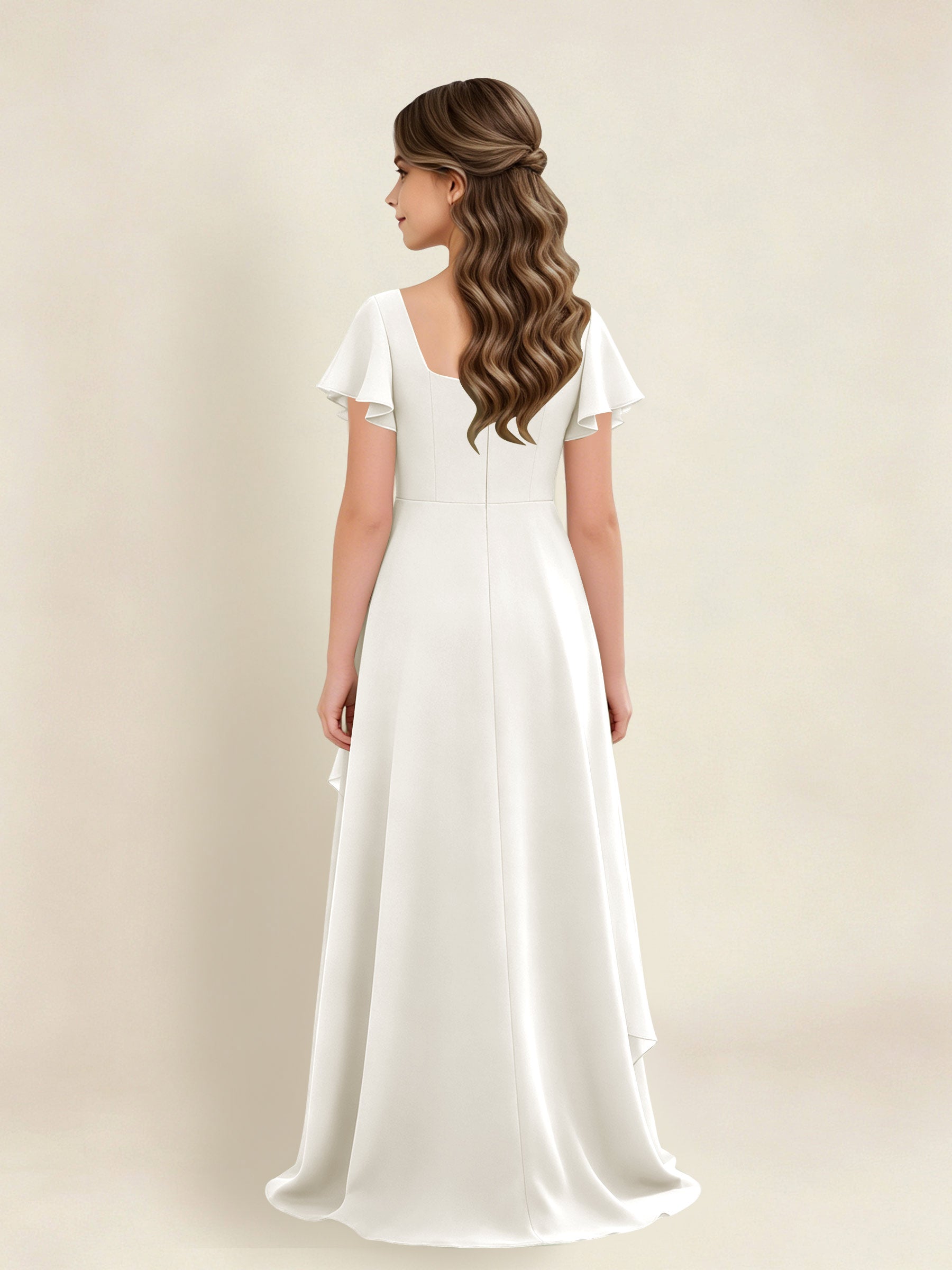 ROVDESY A-Line Square Neck Ruffle Chiffon Junior Bridesmaid Dress With Short Sleeves