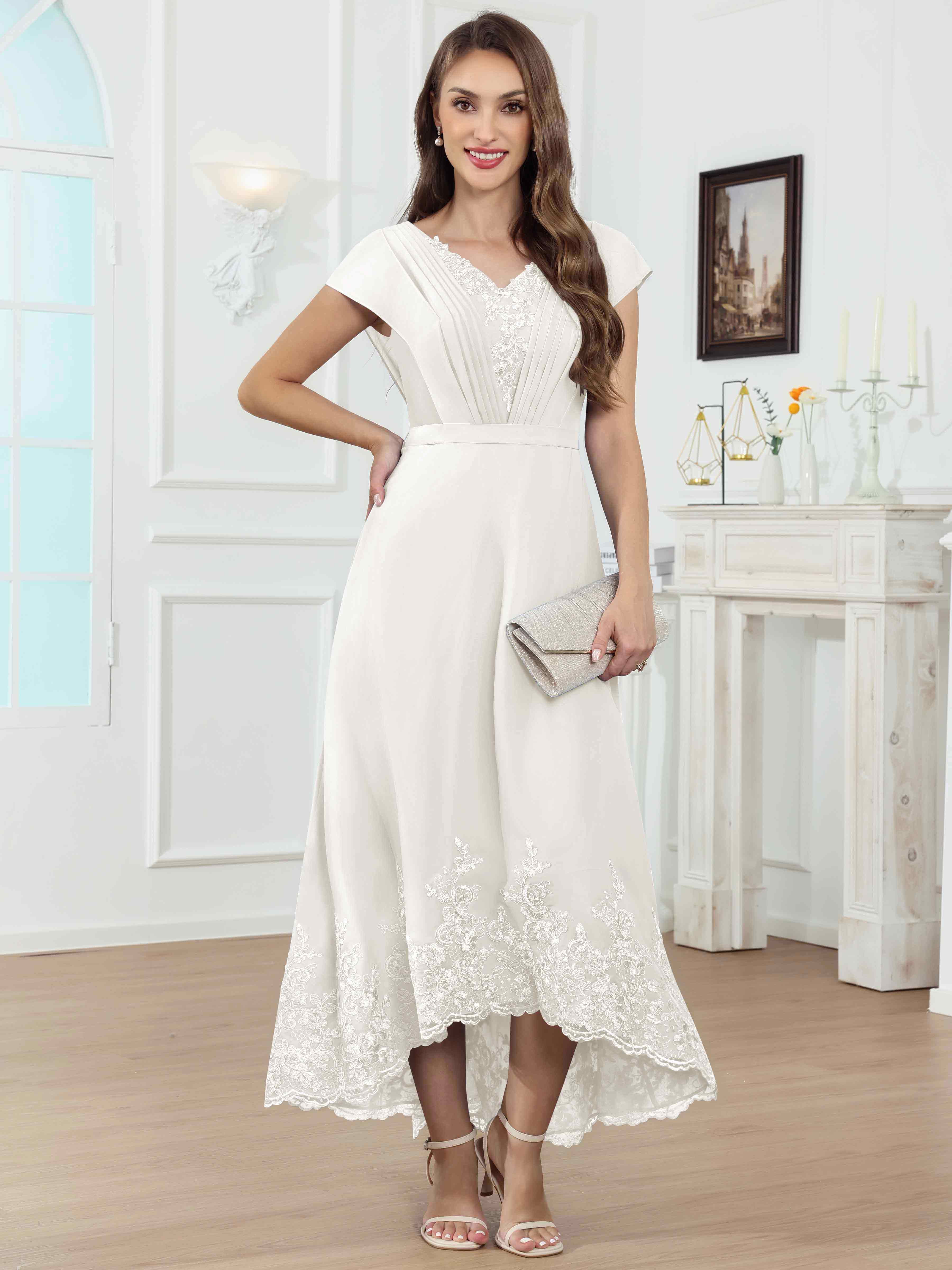 ROVDESY Tea Length High-Low V-Neck Ruched Lace Chiffon Mother of The Bride Dress for Women