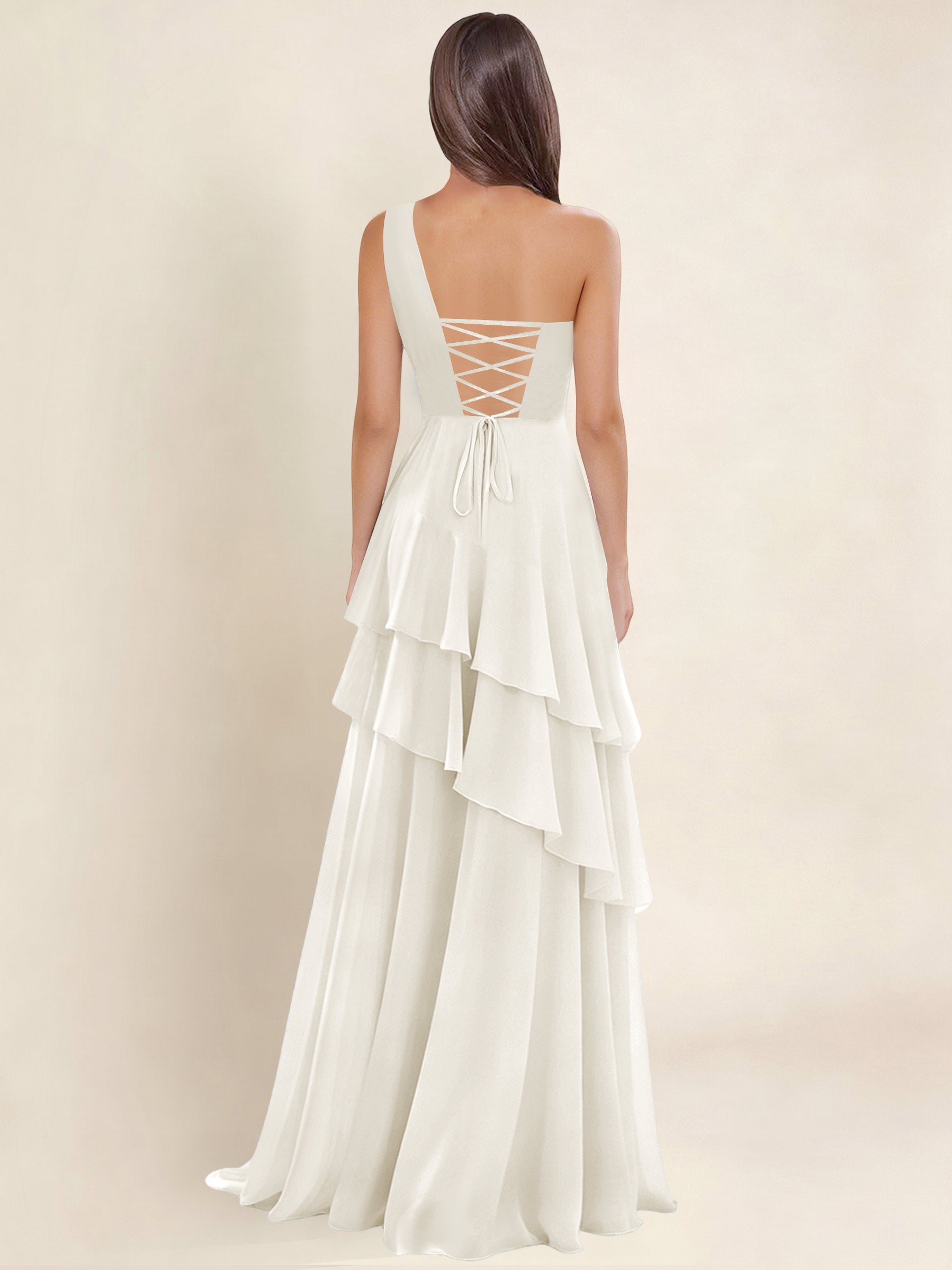 ROVDESY A-Line One Shoulder Pleated Tiered Chiffon Bridesmaid Dress