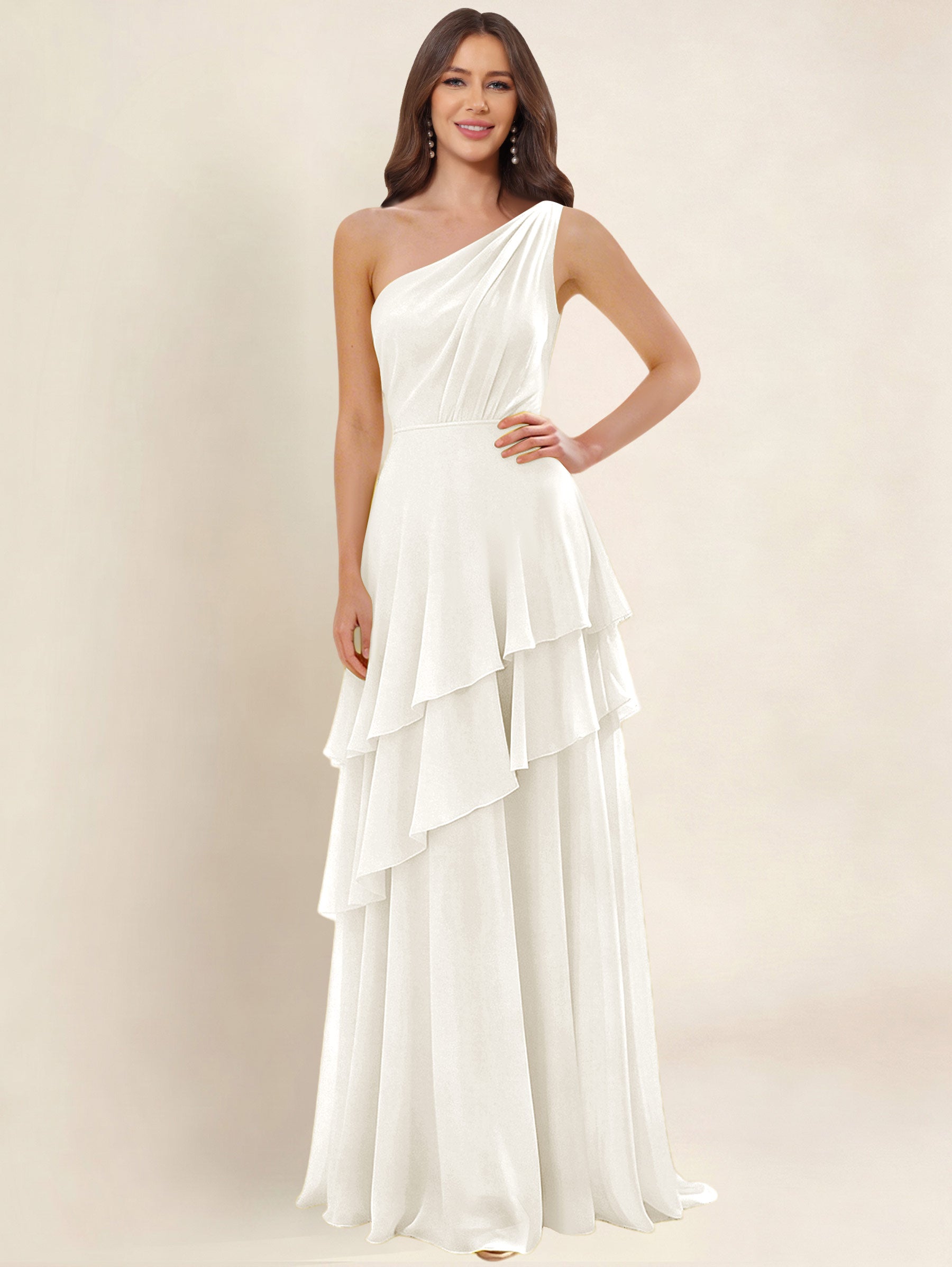 ROVDESY A-Line One Shoulder Pleated Tiered Chiffon Bridesmaid Dress