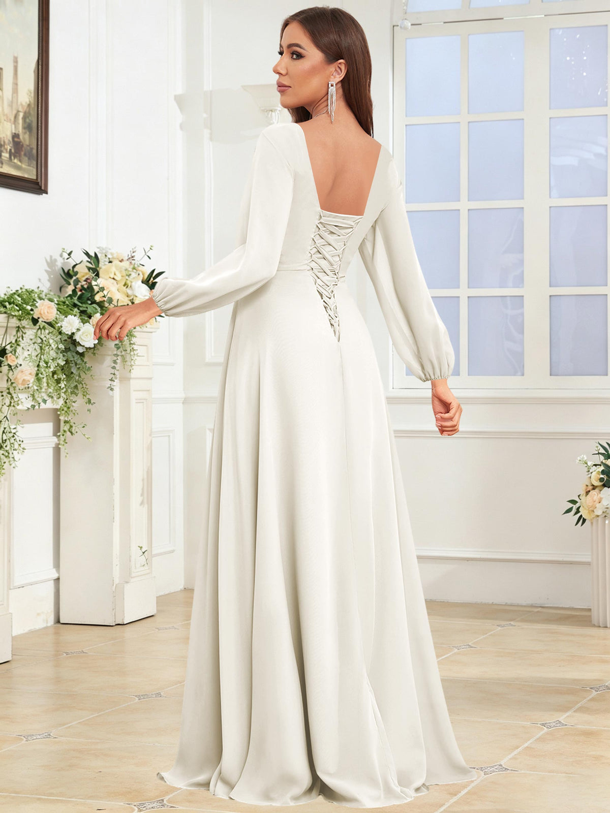 V Neck Chiffon Long Sleeve Bridesmaid Dresses with Slit