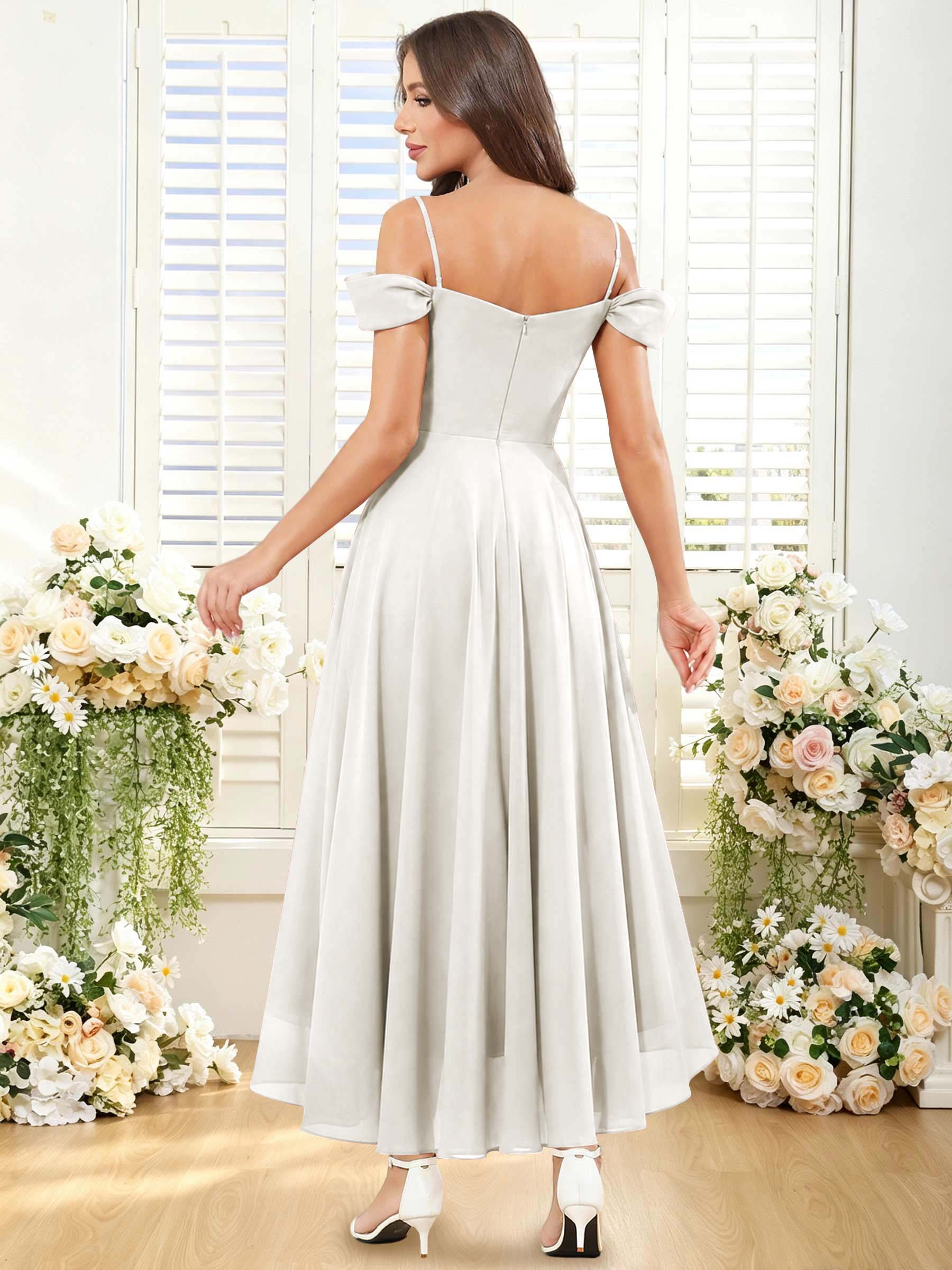 ROVDESY ROVDESY Short Cold Shoulder Sweetheart High Low Pleated Chiffon Bridesmaid Dress