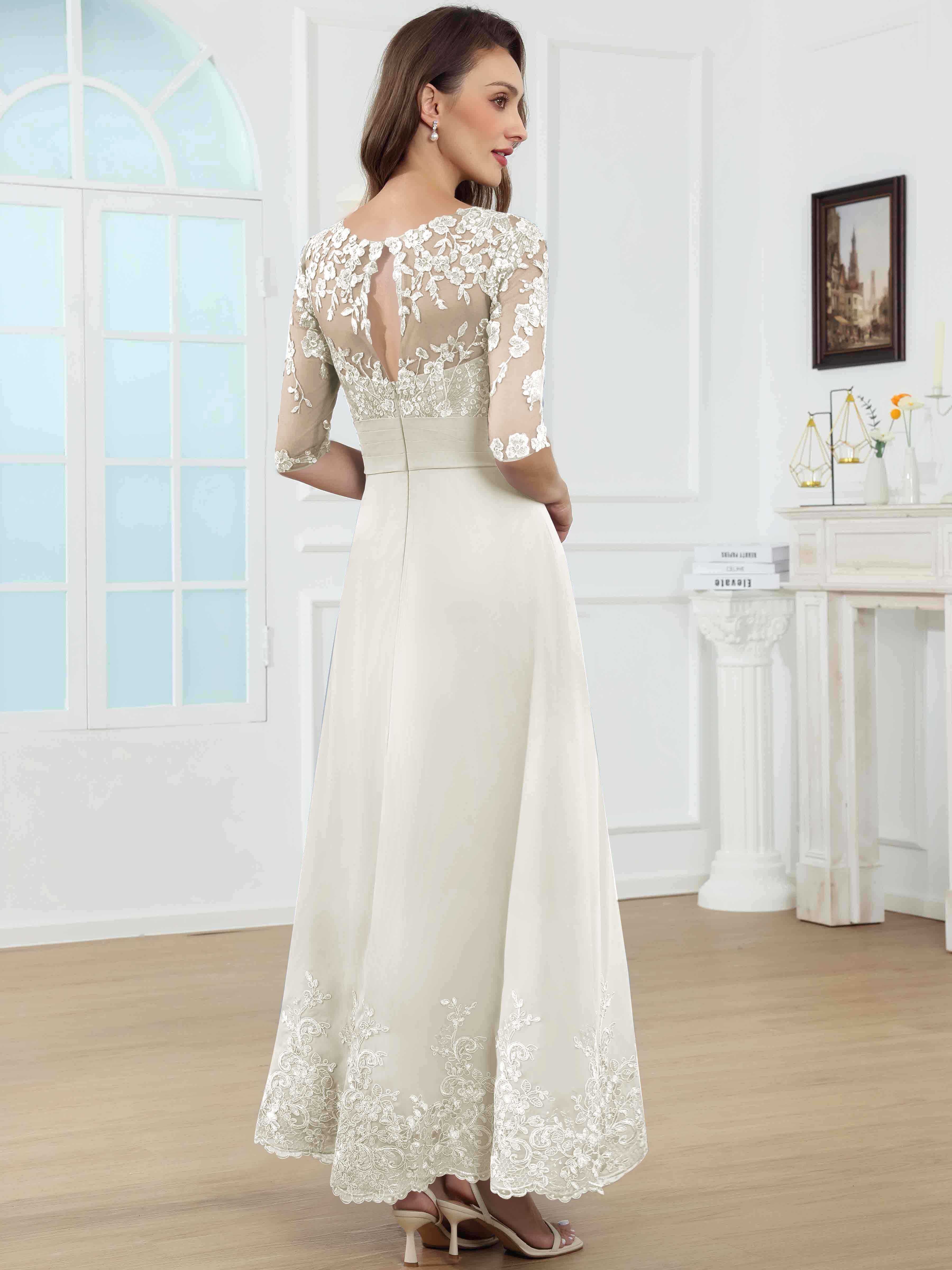 ROVDESY A-Line Lace Sequin Pleated Chiffon Mother Of The Bride Dress With Half Sleeves