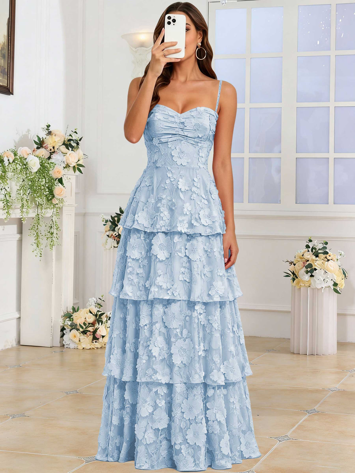 Spaghetti Strap 3D Floral Tiered Tulle Formal Prom Dress