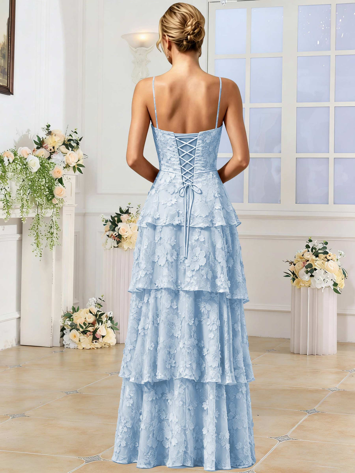 Spaghetti Strap 3D Floral Tiered Tulle Formal Prom Dress