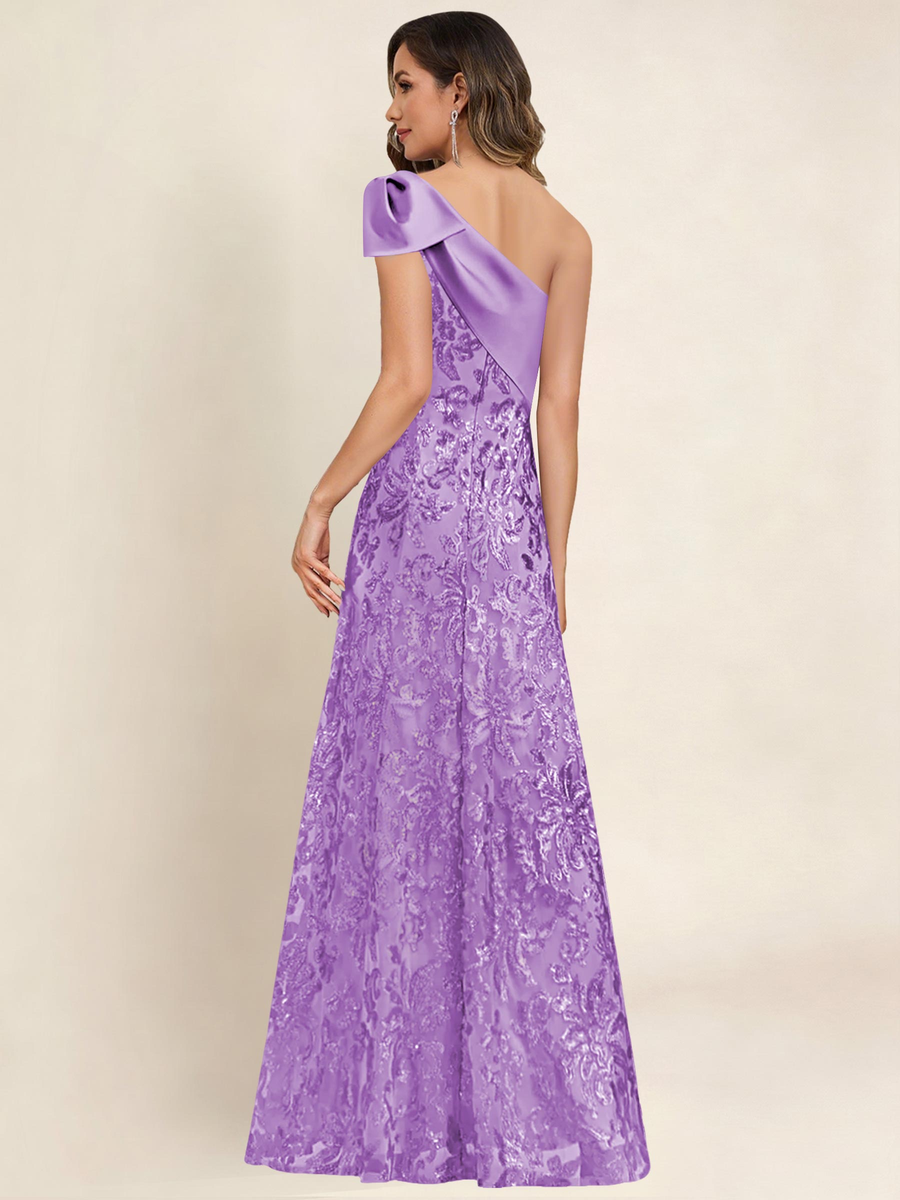 ROVDESY One Shoulder Sequin Mermaid Long Mother Of The Bride Dress Formal Gown With Bow