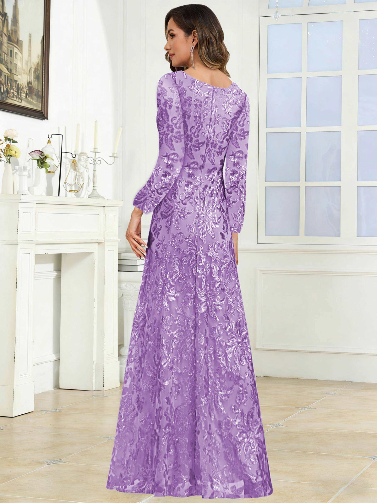 Crew Neck Sequin Lace Long Sleeve Mother of the Bride Dress