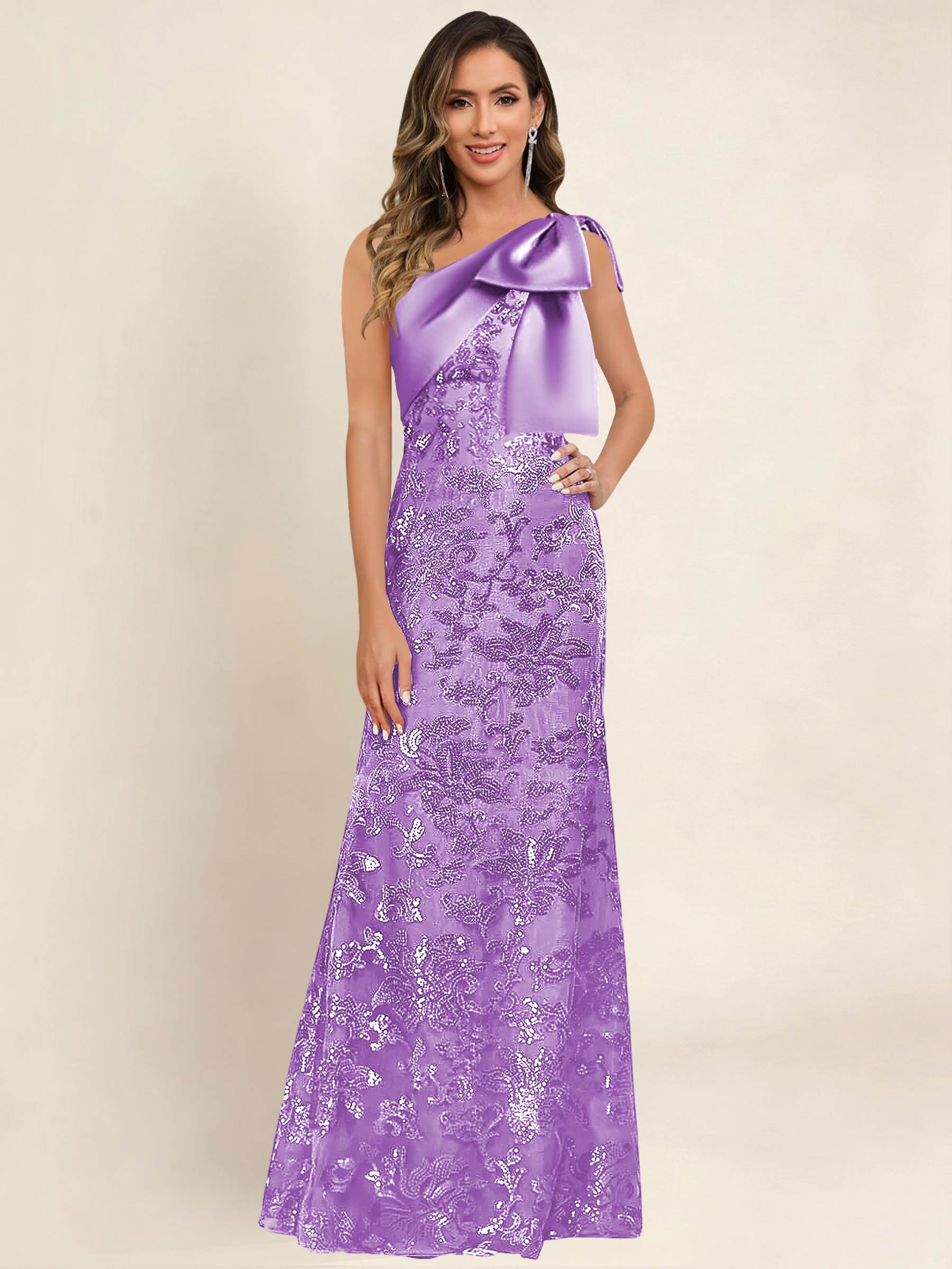 ROVDESY One Shoulder Sequin Mermaid Long Mother Of The Bride Dress Formal Gown With Bow
