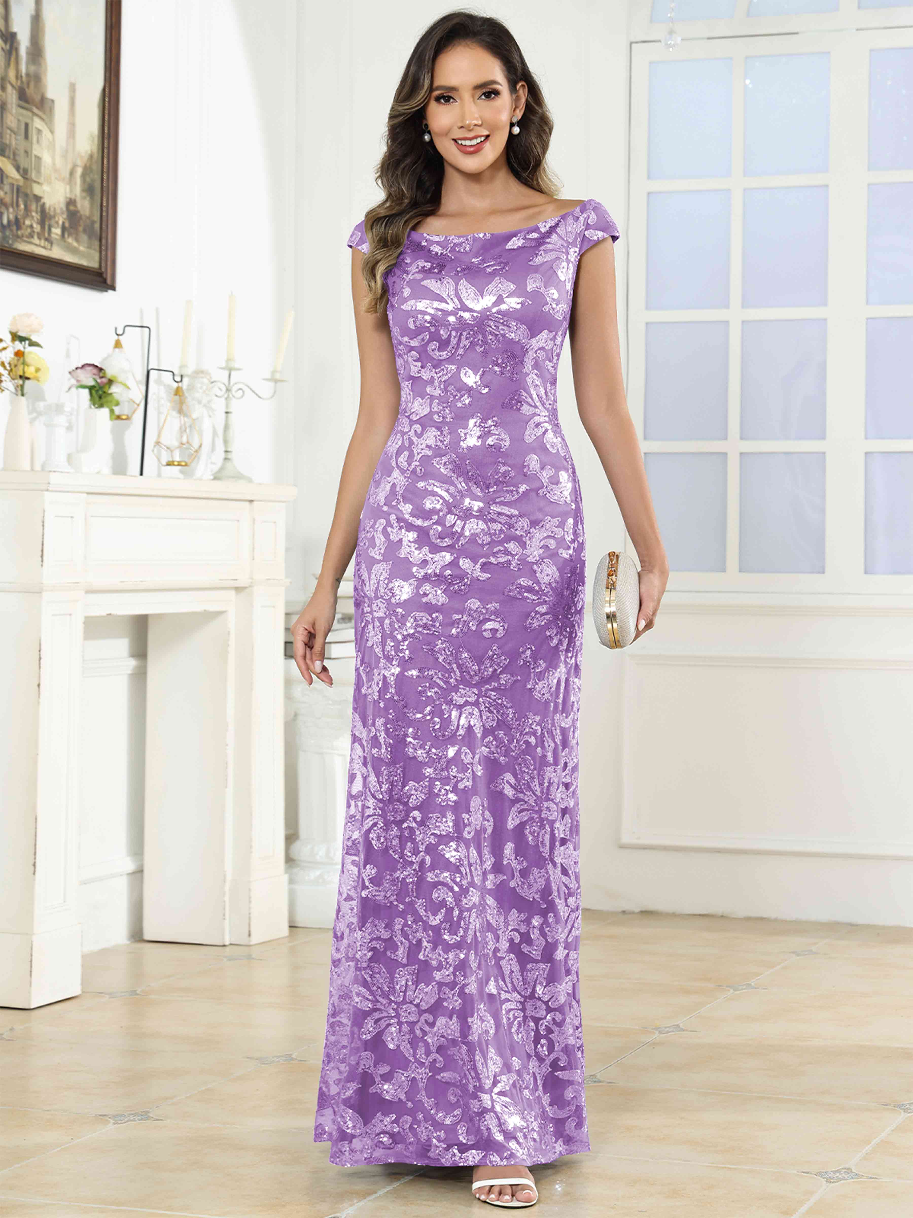 ROVDESY Off-The-Shoulder Mermaid Sequin Mother Of The Bride Dress Formal Gown
