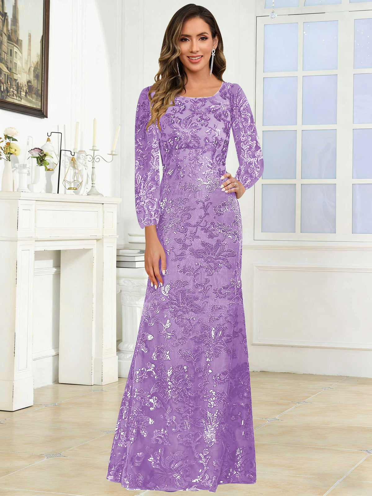 Crew Neck Sequin Lace Long Sleeve Mother of the Bride Dress