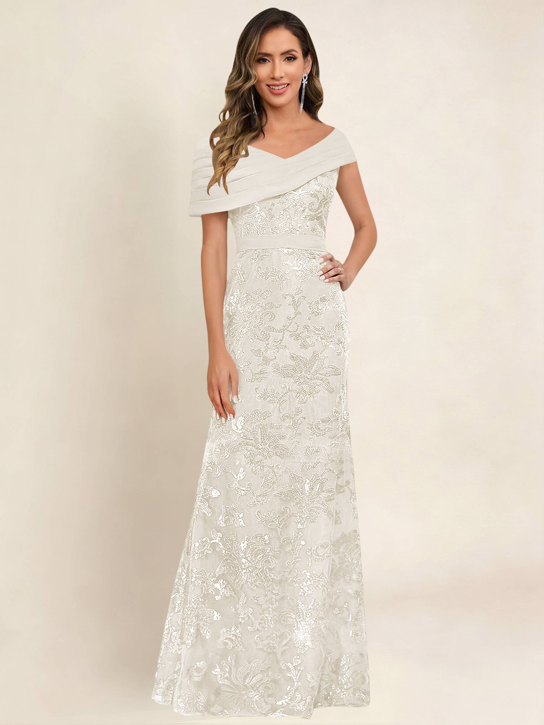 ROVDESY Off the Shoulder Sequin Mermaid Long Mother Of The Bride Dress Formal Gown