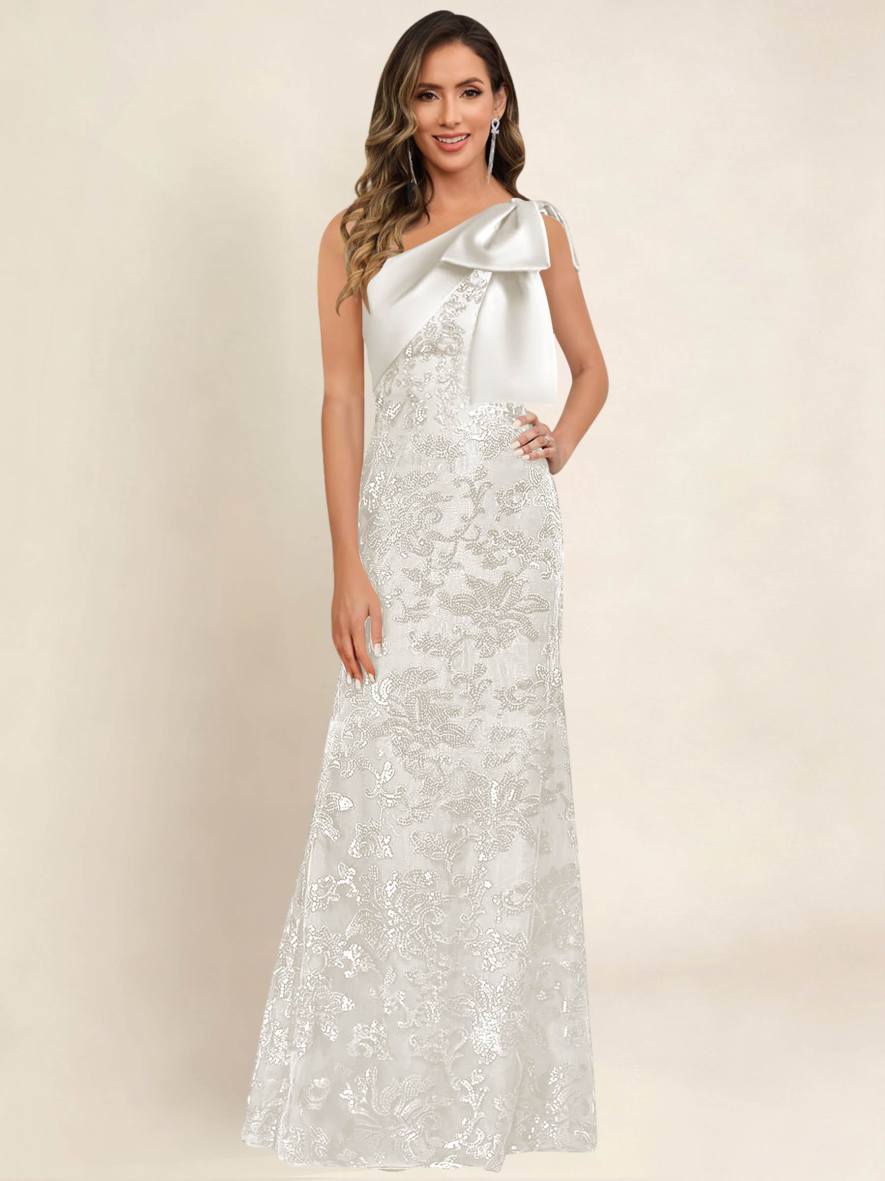 ROVDESY One Shoulder Sequin Mermaid Long Mother Of The Bride Dress Formal Gown With Bow