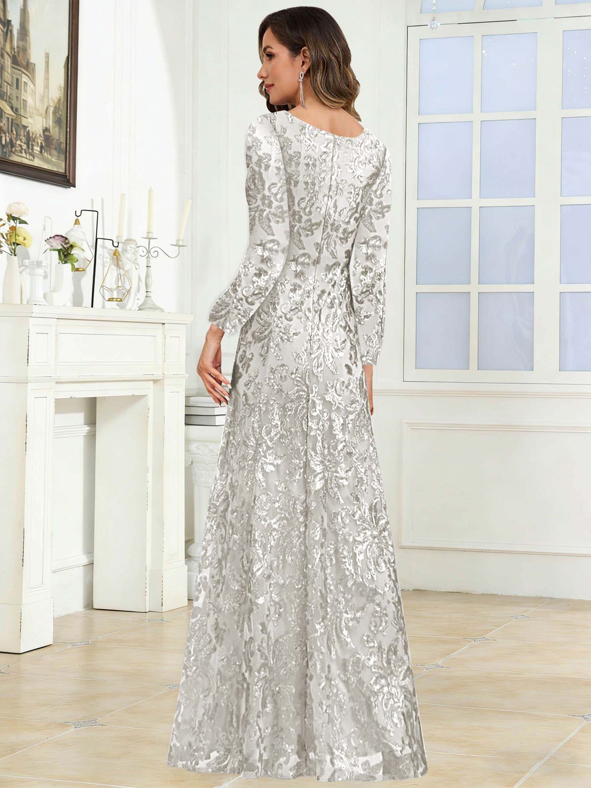 Crew Neck Sequin Lace Long Sleeve Mother of the Bride Dress