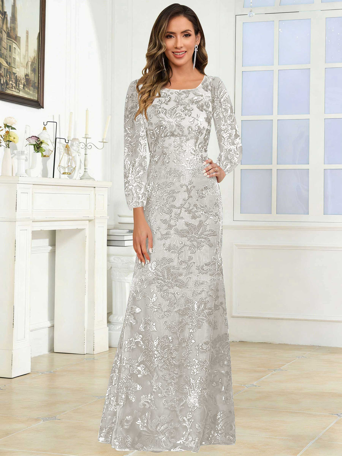 Crew Neck Sequin Lace Long Sleeve Mother of the Bride Dress