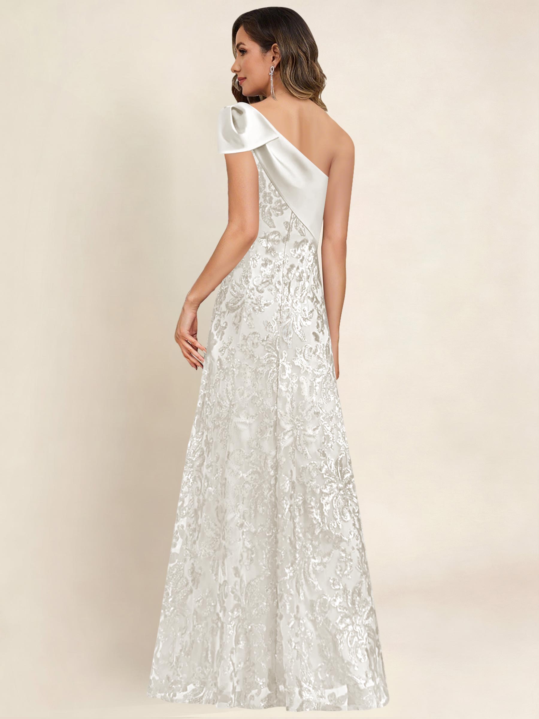 ROVDESY One Shoulder Sequin Mermaid Long Mother Of The Bride Dress Formal Gown With Bow