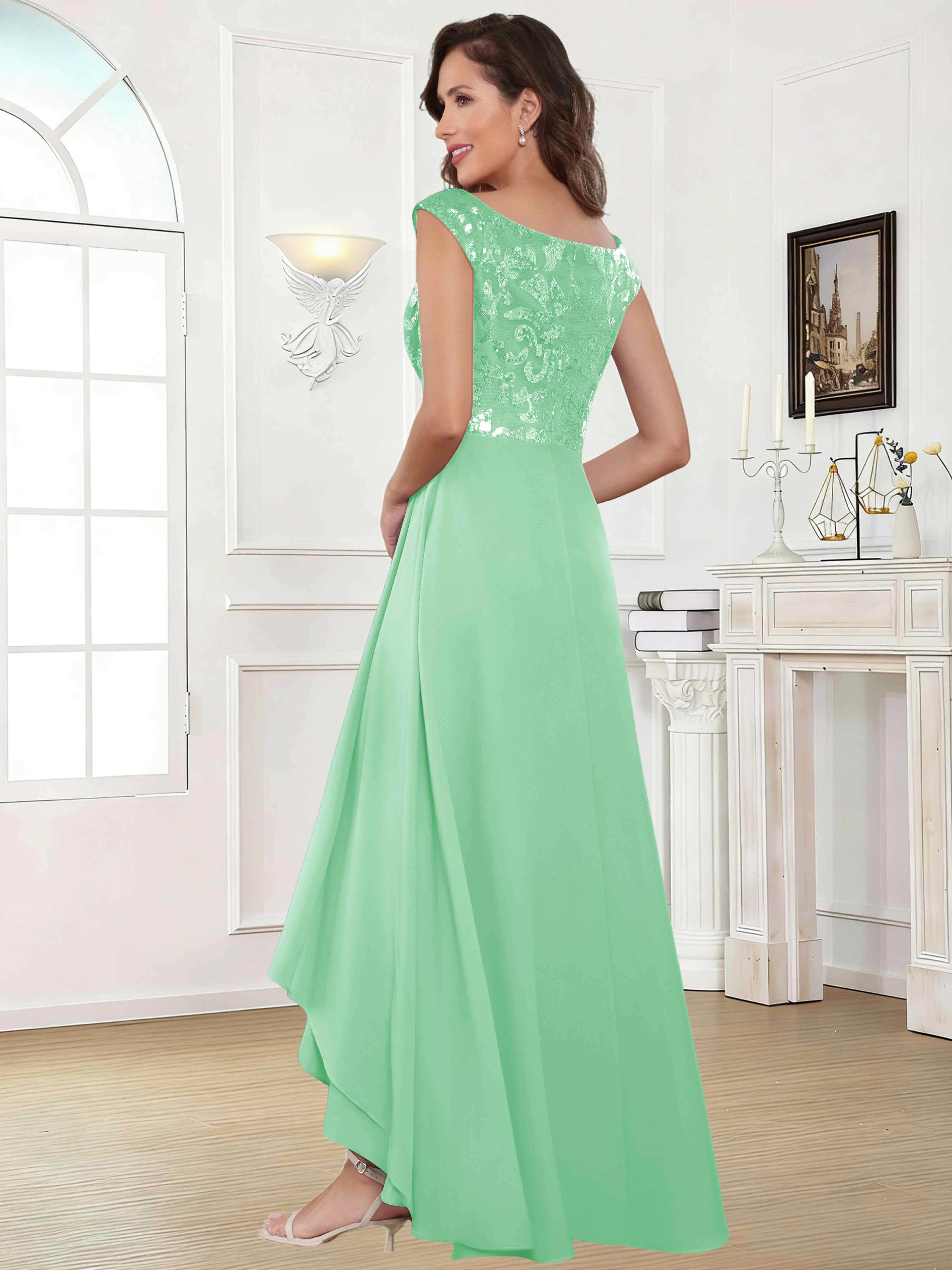 ROVDESY Tea Length Off-The-Shoulder Sequin Chiffon Mother Of The Bride Dress